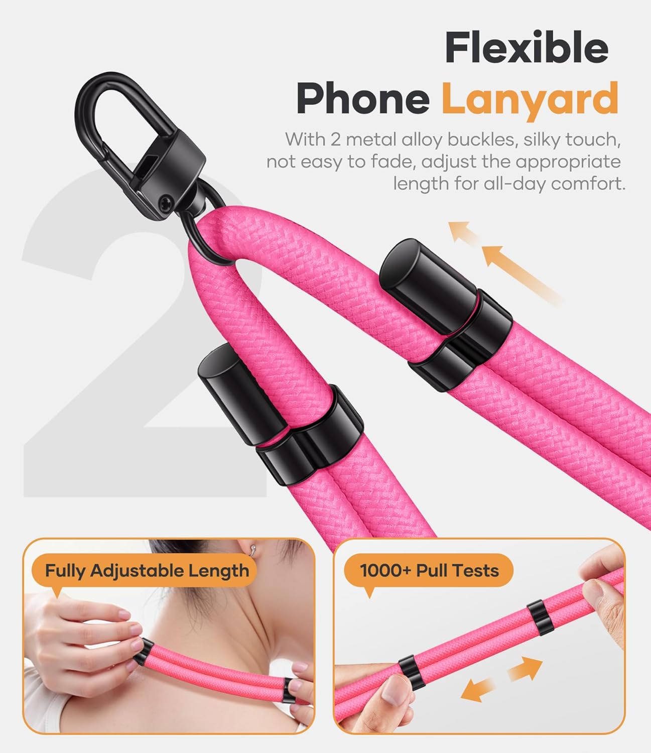 for Phone Lanyard Crossbody with 2X Phone Tabs, Sturdiness Comfortable Retractable Cellphone Lanyard, Secure Carabiner, Universal Neck Wrist Strap for Daily & Outdoor Activities, Pink