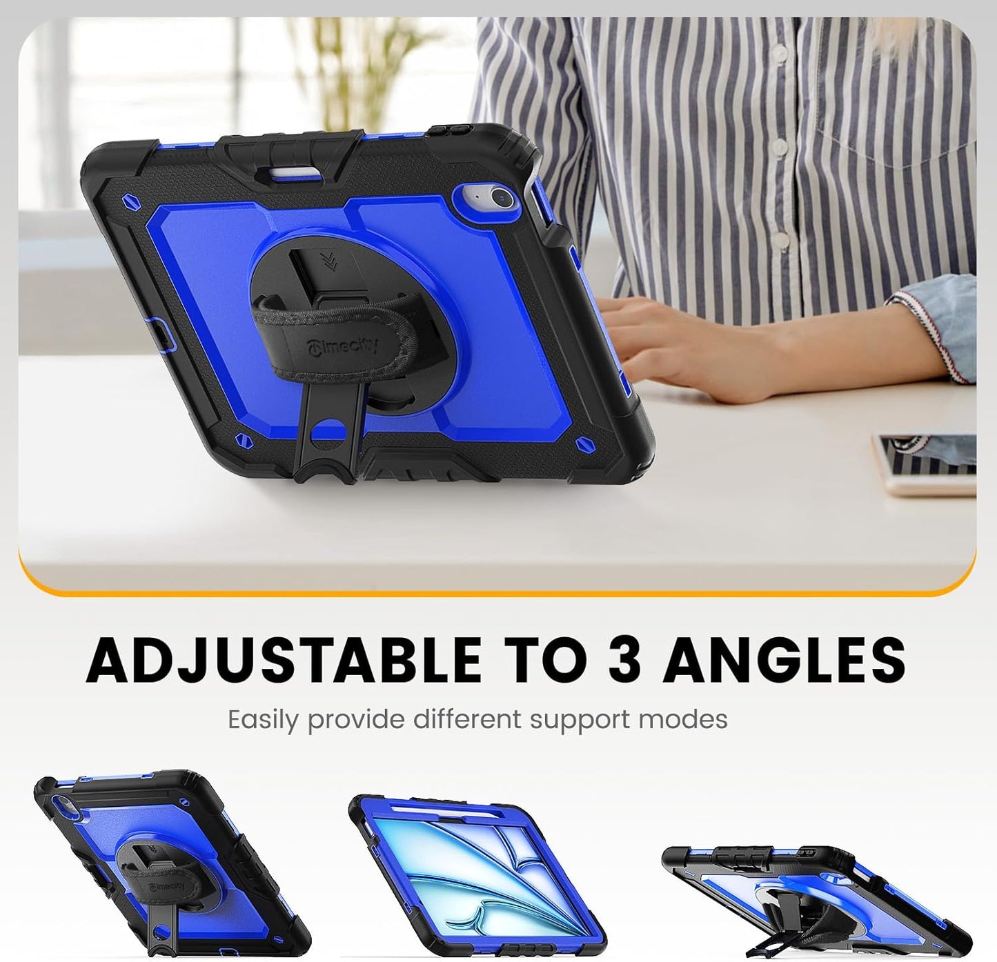 timecity Case for iPad Air 11 Inch M3/ M2 (2025/2024), 360° Rotating Stand, Pencil Holder & Wireless Charging, Shockproof with Screen Protector & Shoulder Strap - for Designers, Dark Blue