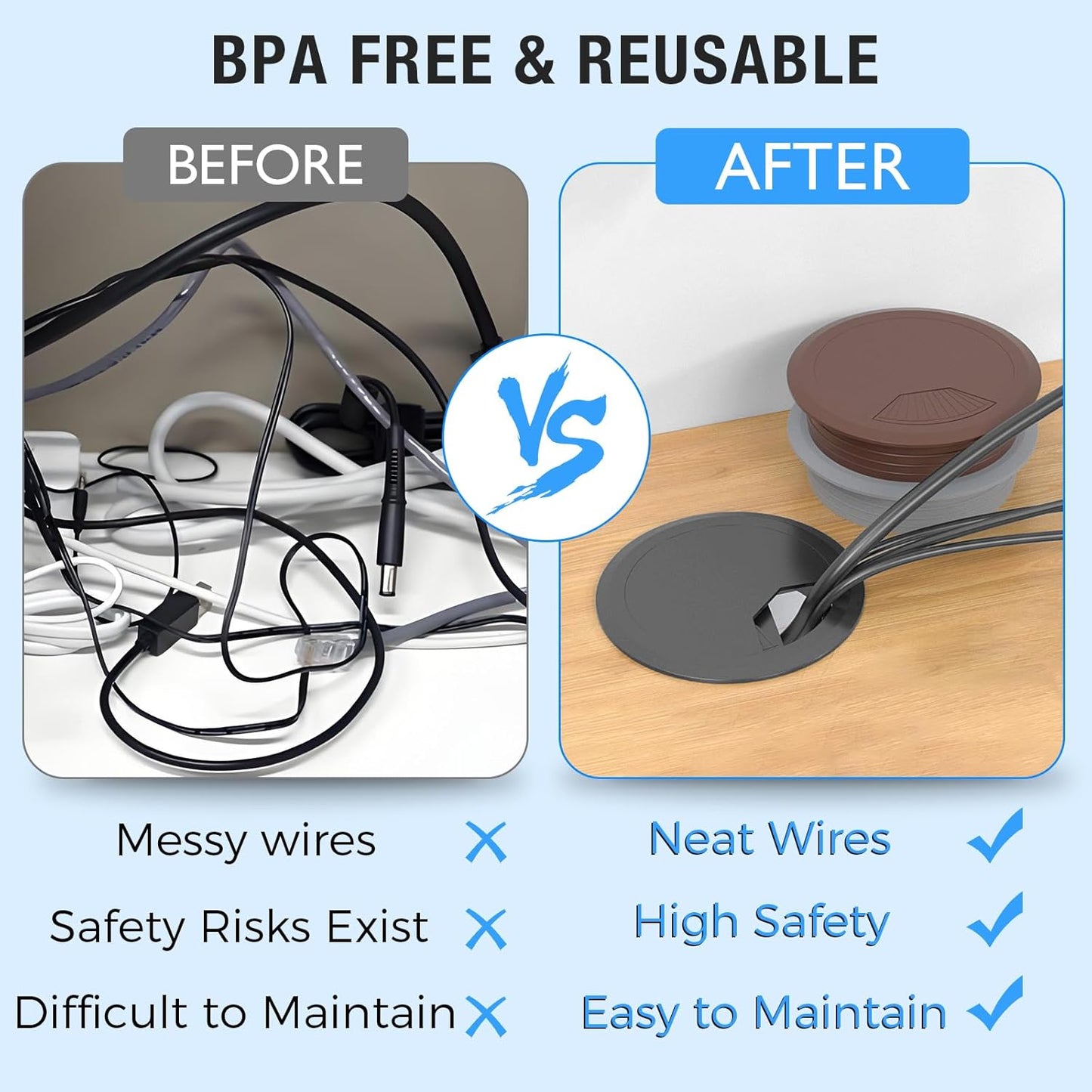 Desk Grommet 2-1/16" (53 mm), Desk Cord Hole Cover, Cable Grommet ABS Plastic, Desk Hole Grommet for Office and Home Table Cable, Detachable Adjustable Cable Cord Organizer (Black 2 Pcs)