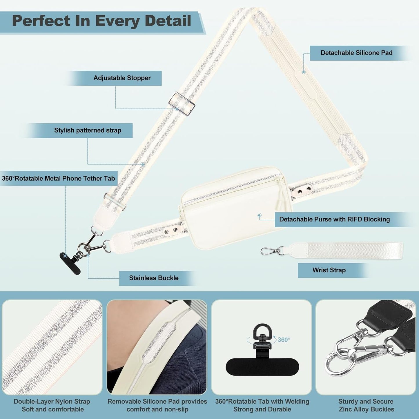 Clip and Go Strap for Phone with Wallet Crossbody, Adjustable Phone Lanyard with Detachable RFID Wristlet Wallet, Pattern Strap - Cream&Silver (L)