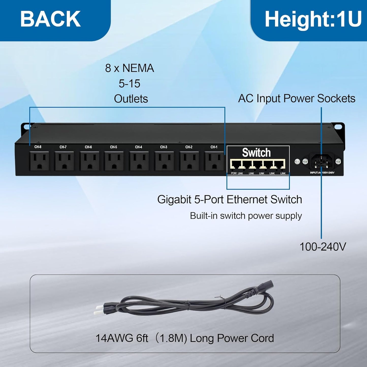 1U PDU Rackmount Power Strip with 8 NEMA 5-15R Outlets & 5-Port Gigabit Ethernet Switch, 15A 100-250V,10KA SPD 3600J Surge Protection, 6ft Cord, ETL Listed, Ideal for Server Racks & Networking