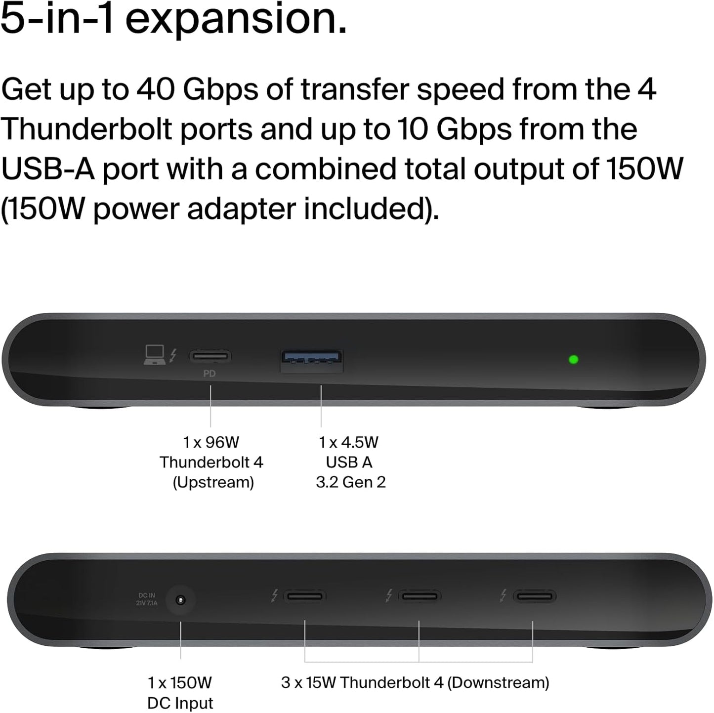 Belkin Connect Thunderbolt 4 Docking Station, 5-in-1 USB-C Multiport Core Hub w/ 96W Power Delivery for Mac, Windows, Single 8K or Dual 4K Display, Thunderbolt 4 Cable & Power Supply Included