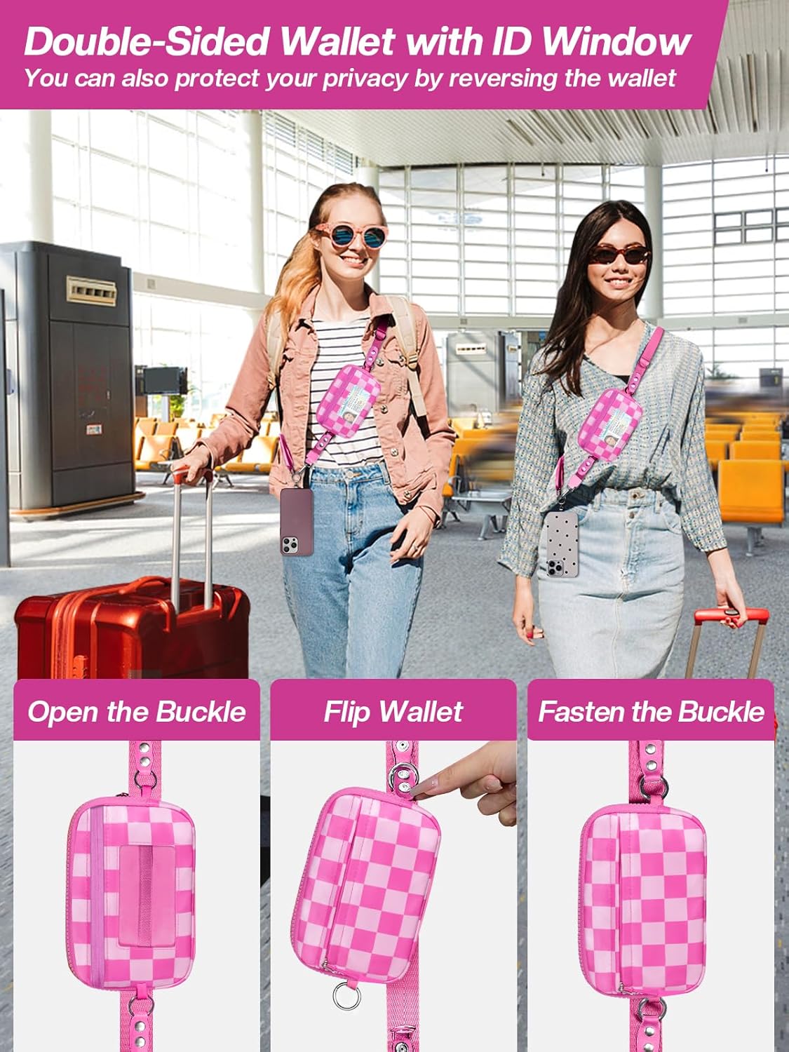 Clip and Go Strap for Phone with Wallet Crossbody Phone Lanyard Adjustable and Detachable RFID Wristlet Wallet with ID Window and Zipper, Pink Check