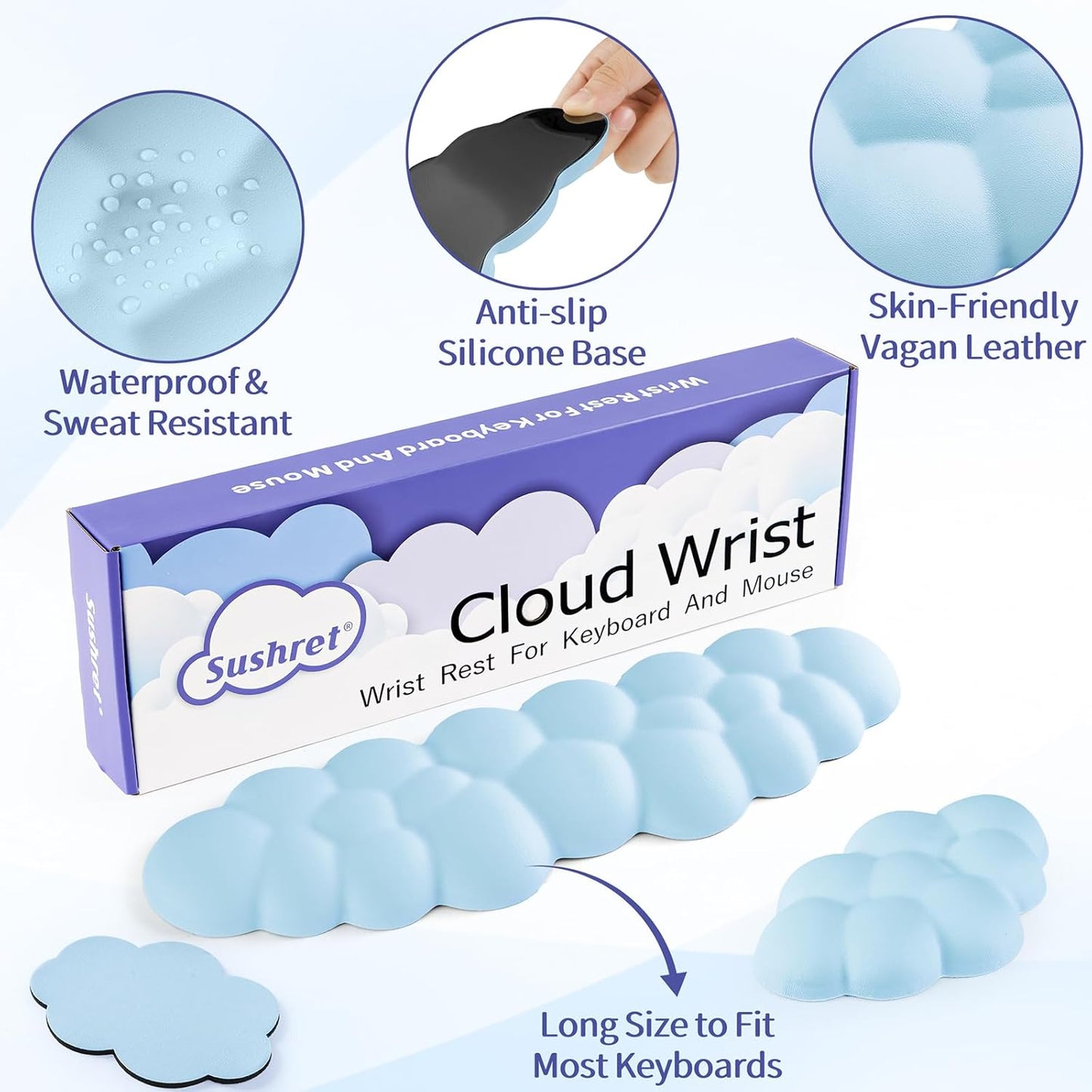 Cloud Wrist Rest Keyboard, Cloud Keyboard Wrist Pad Set with PU Leather Memory Foam, Cute Arm Rest for Palm Support, PC/Gaming Desk Accessories/Office Setup/Computer Hand Cushion - Blue