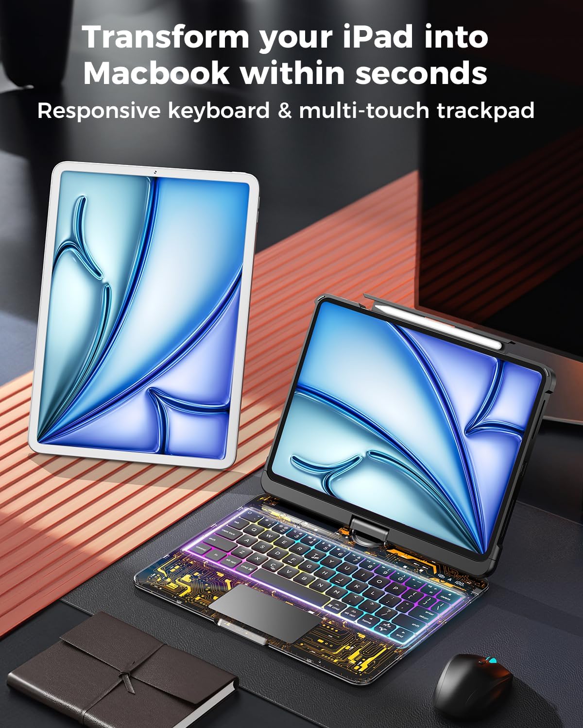 SIEBITU Clear Wireless Keyboard Case for iPad Air 11-inch (M3 2025/M2 2024) & iPad Pro 11-inch 4th 3rd 2nd 1st Gen, 7-Color Backlit with Multi-Touch Trackpad for 10.9” iPad Air 4th/5th Gen, Black