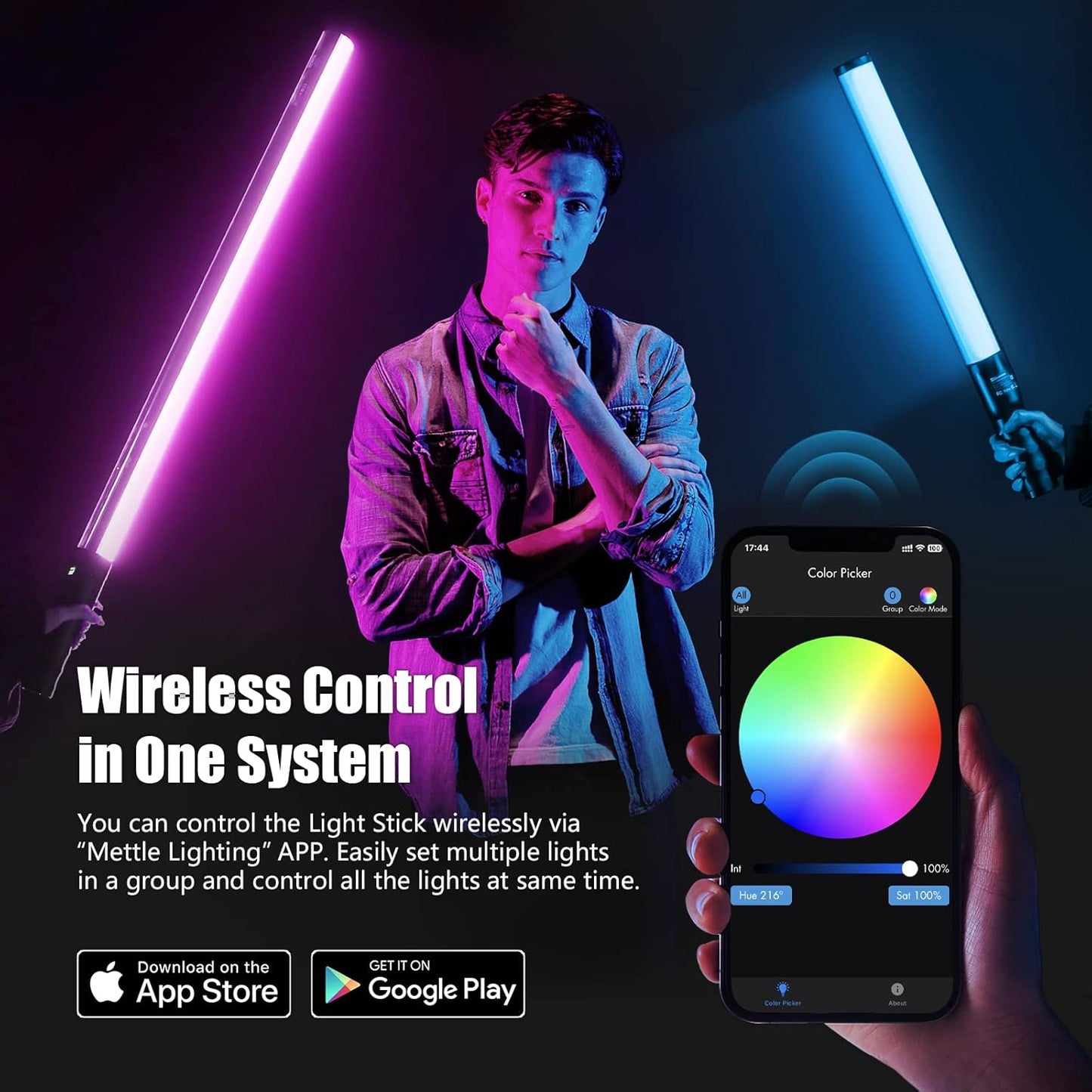 Mettlelite LS800C RGB Light Stick and Mettlelite SPL210C LED Video Light Full Color Video Light with APP Control 2800K-8000K CRI96 TLCI97 RGB CCT HSI Mode LED Light Bundle