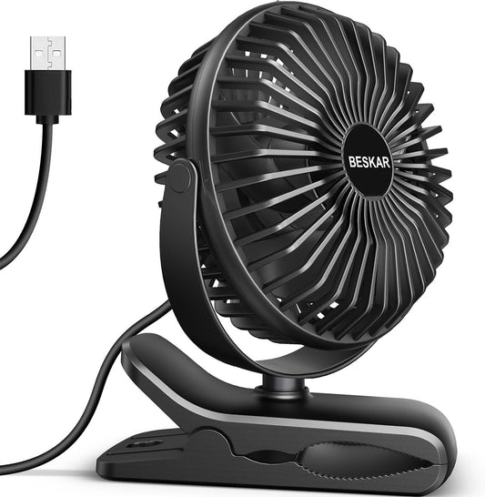BESKAR Small Clip on Fan, 3 Speeds USB Fans with Strong Airflow, Clip & Desk Fans USB Plug in with Sturdy Clamp - Ultra Quiet operation for Office Dorm Bedroom Stroller