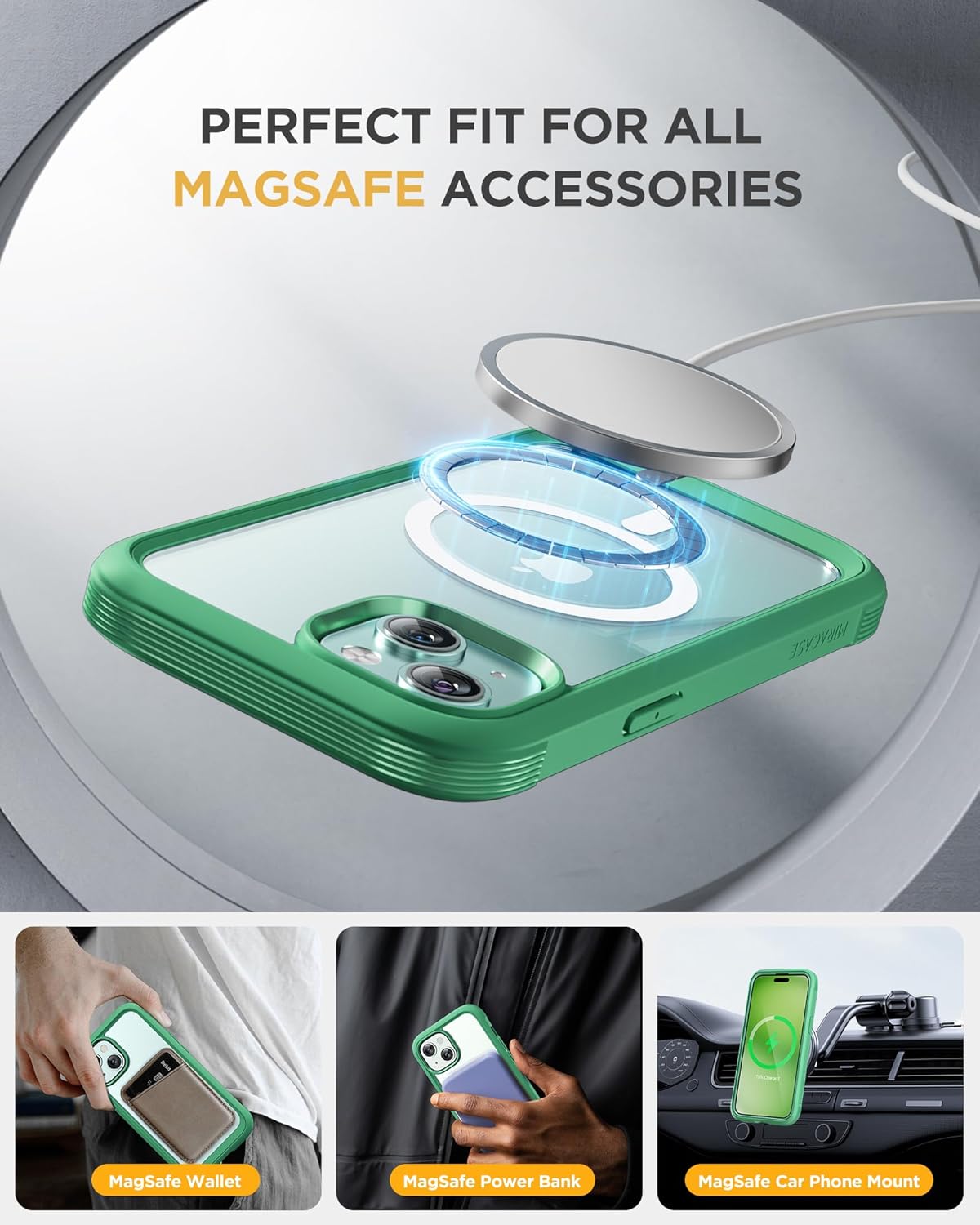 Miracase Magnetic for iPhone 15 Plus Case 6.7'' [Compatible with Magsafe] Full-Body Military Drop Proof 15 Plus Phone Case Cover with Built-in 9H Tempered Glass Screen Protector,Magnetic Green