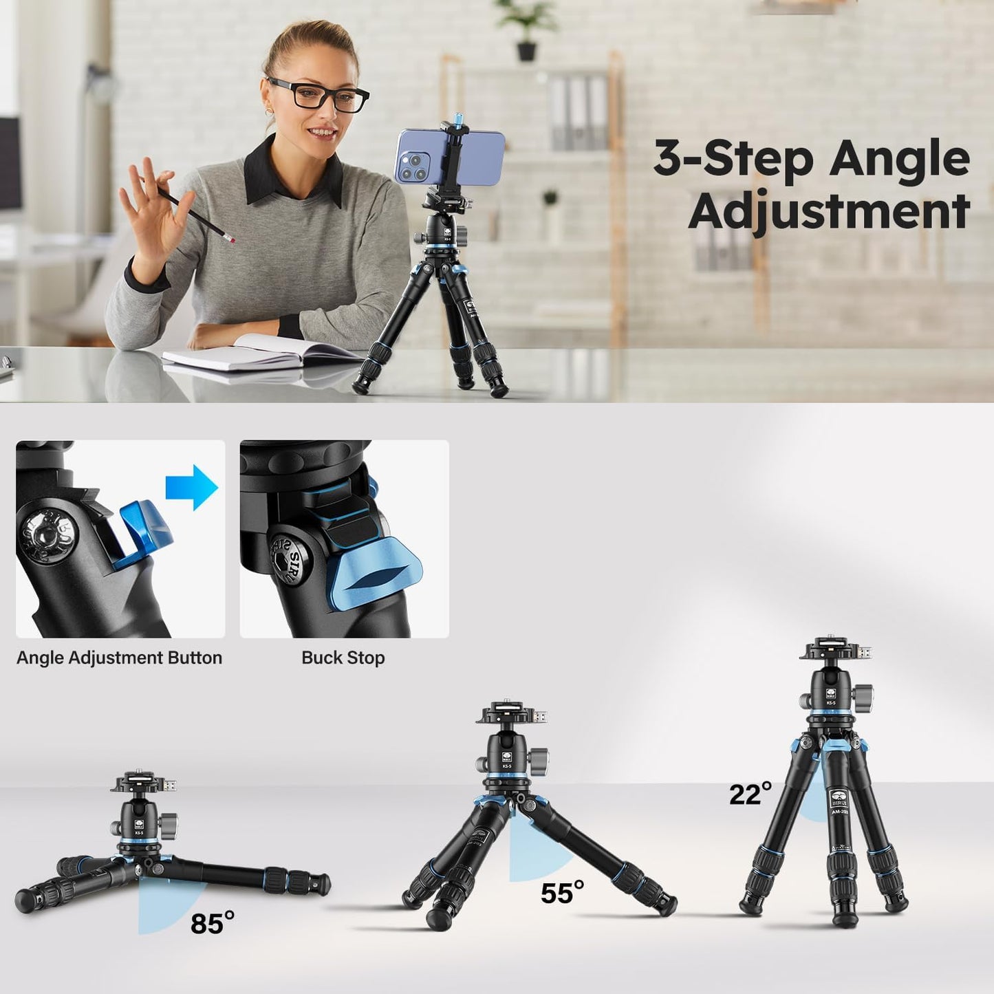 SIRUI Mini Tripod with 360° Panoramic Ball Head, Tabletop Travel Tripod for Camera, Quick Release System, Max Load 33lbs/15KG, Max Height 16.7”, AM-203+KS-5 (AM-203+KS-5)