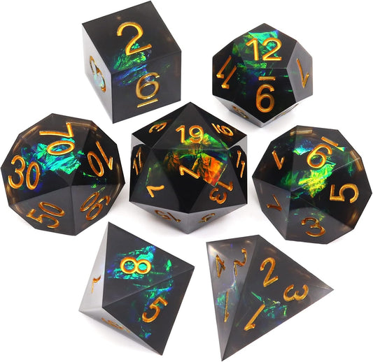 Haxtec DND Dice Set Black Sharp Edge Resin Dice with Dice Case Iridecent D&D Dice for RPG Compatible with Dungeons and Dragons DND Gift-Black Galaxy