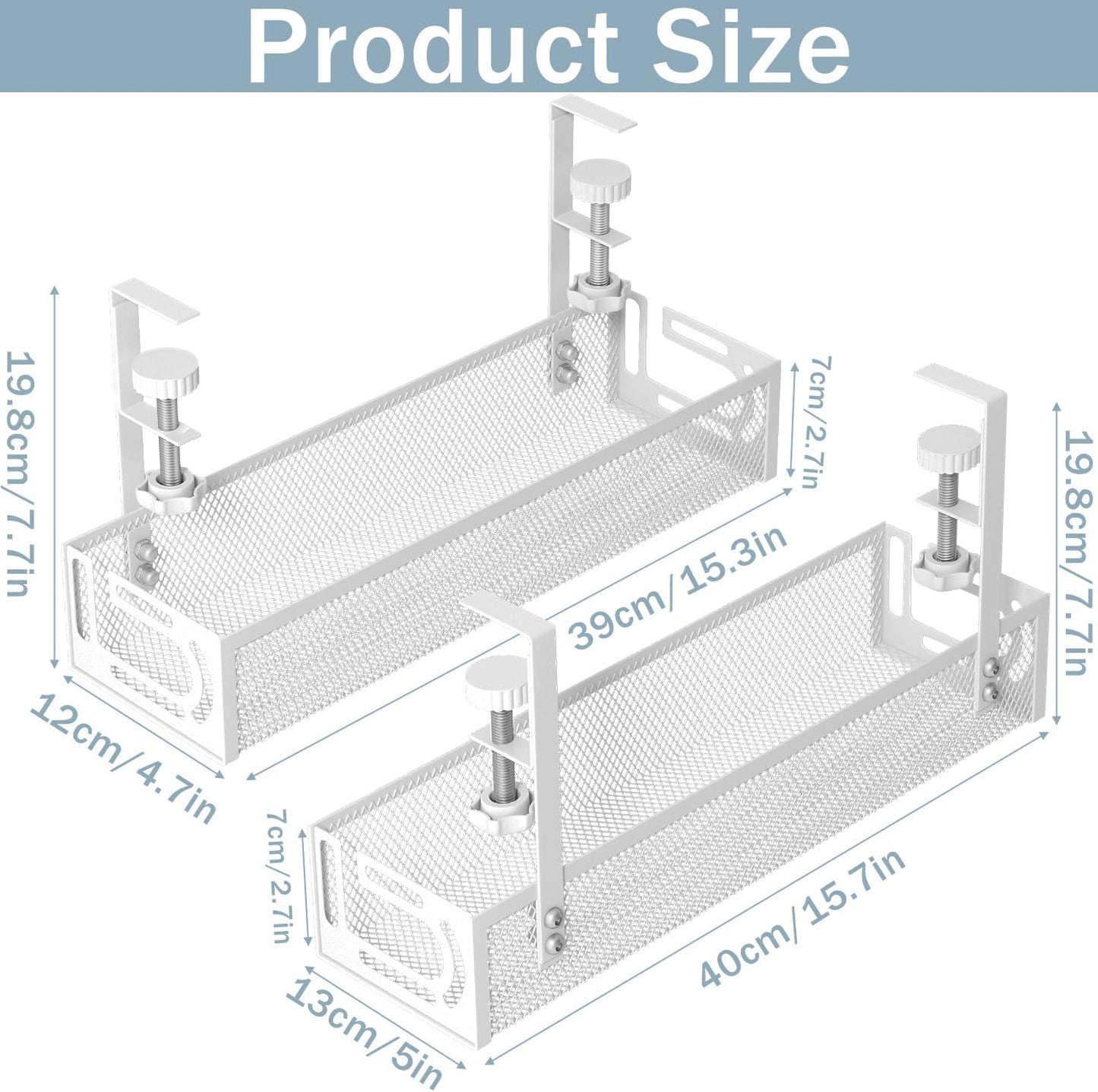 Cable Management, 2 Pack Cable Management Under Desk No Drill, Metal Cord Organizer with Clamp for Standing Desk, Cable Organizer for Home Office, White