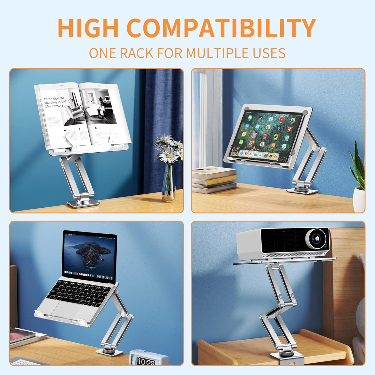 OATSBASF Tablet Stand, iPad Holder for Desk Mount, Portable Monitor Stand, Rotatable 360 Degrees, Desktop Reading Mount for Computer, iPad, Cookbooks, Recipes