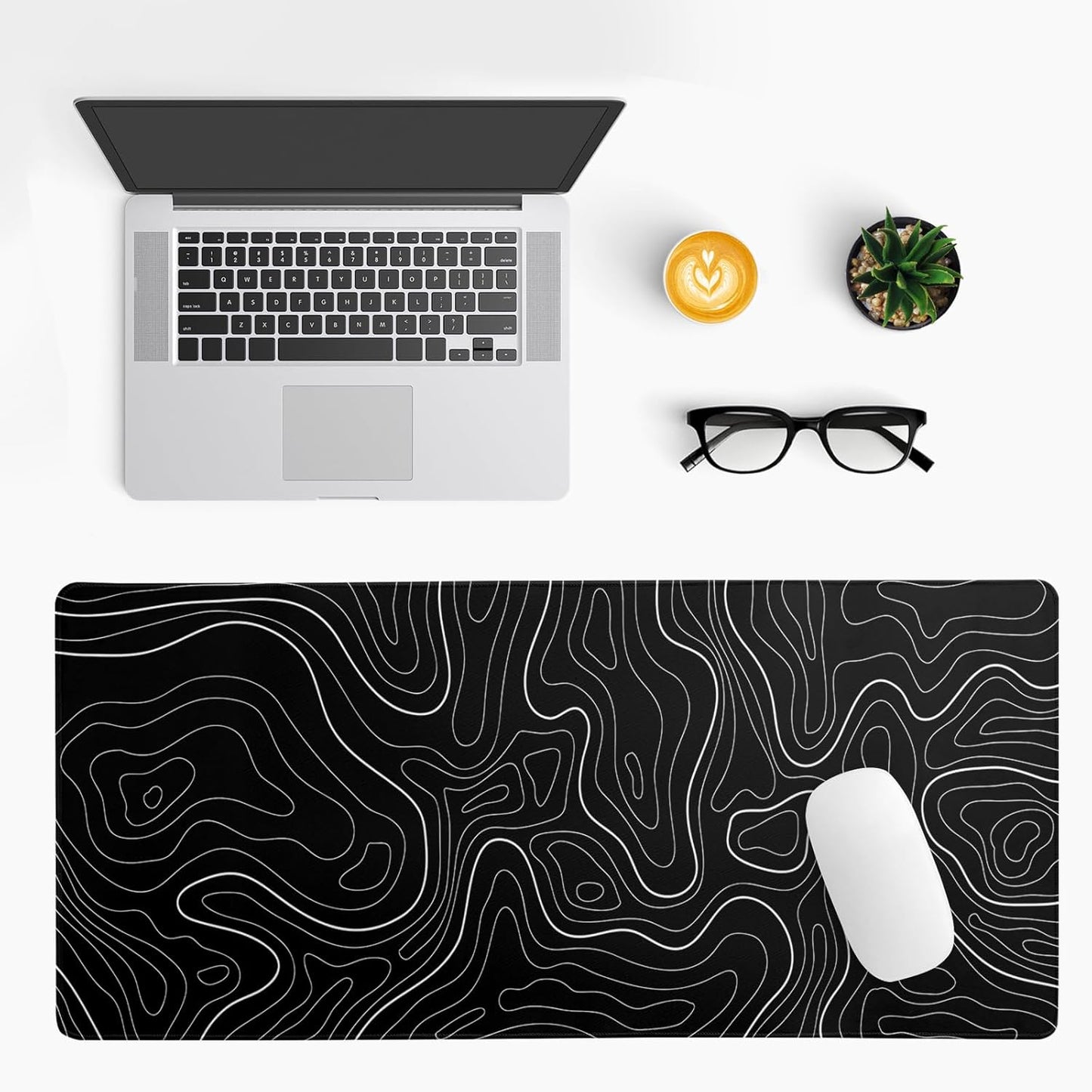 Topographic Contour Black Gaming Mouse Pad XL Geographic Map Lines Extended Big Large Desk Mat Non-Slip Rubber Base Stitched Edge Long Keyboard Mousepad for PC Computer Laptop,31.5x11.8 Inch