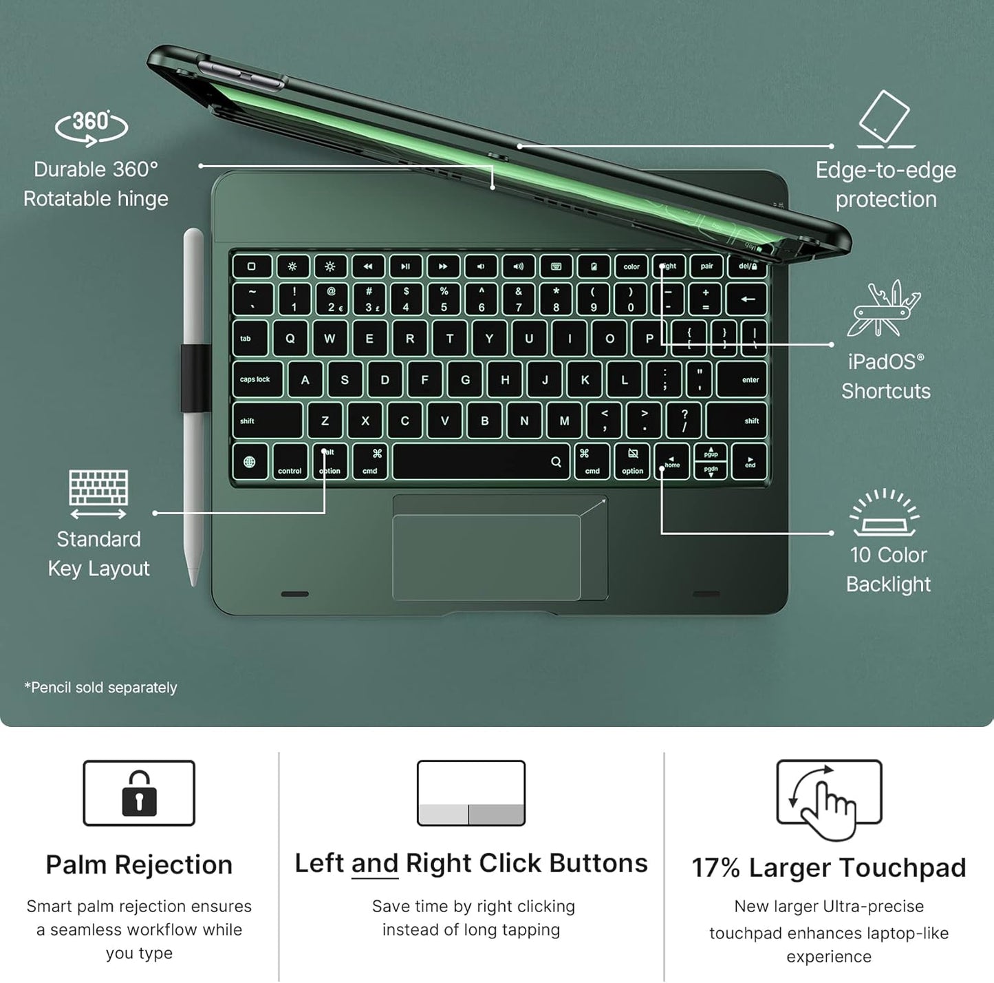 typecase Touch iPad 9th Generation Case with Keyboard (10.2", 2021), Multi-Touch Trackpad, 10 Color Backlight, 360° Rotatable, Thin & Light for iPad 8th Gen, 7th Gen, Air 3, Pro 10.5 (Midnight Green)
