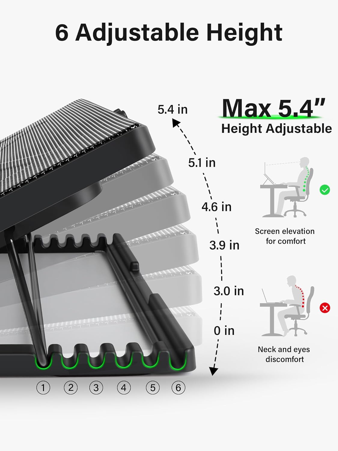 Kootek Laptop Cooling Pad, Laptop Cooler with 5 Quiet Fans for 12"-17" Computer PC Notebook Gaming Laptop Fan, Height Adjustable Laptop Cooling Stand Laptop Accessories, Green