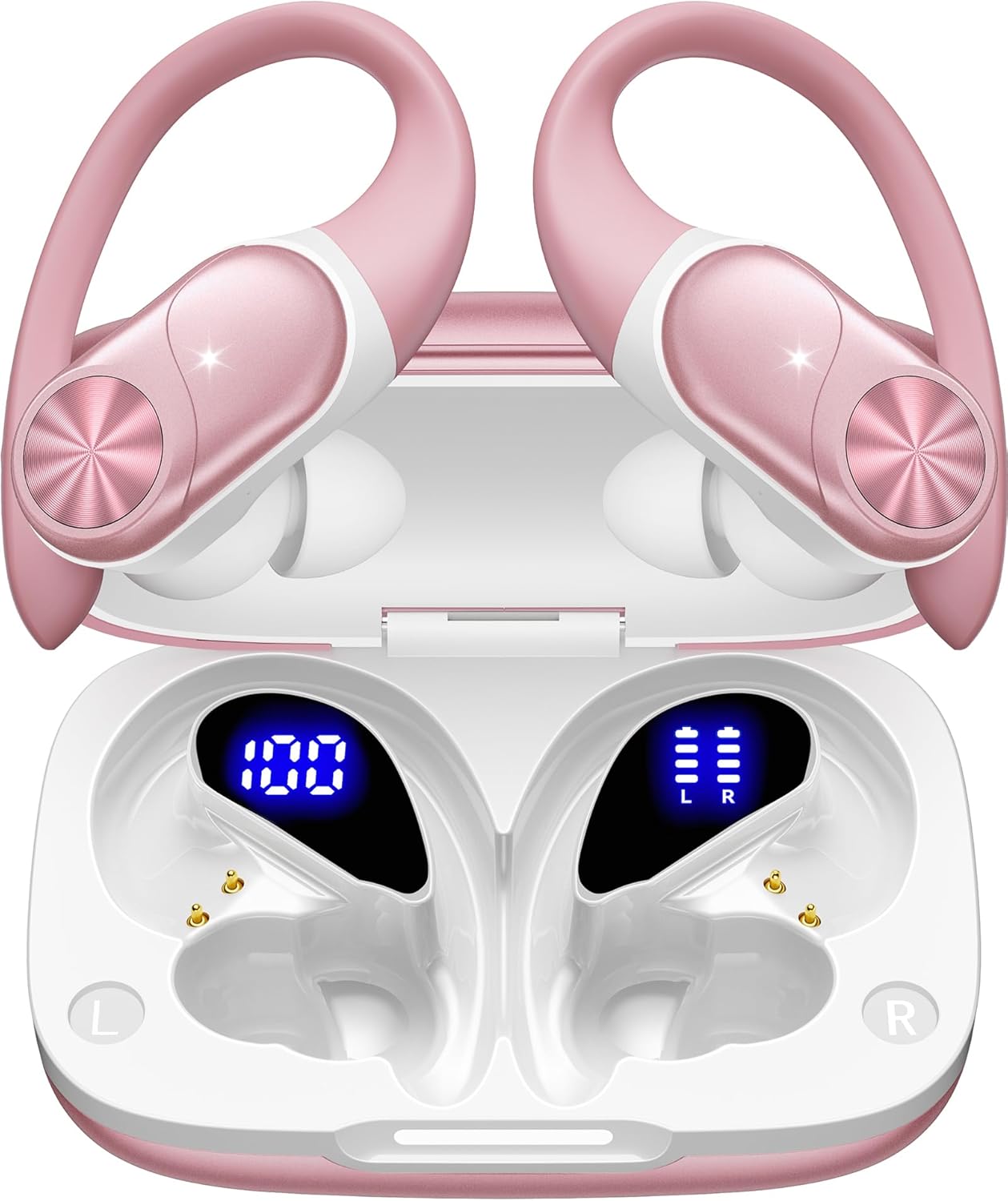 PocBuds Bluetooth Headphones Wireless Earbuds 80hrs Playtime Wireless Charging Case Digital Display Sport Ear Buds with Earhook Deep Bass IPX7 Waterproof Over-Ear Earphones for Phone Laptop Rose Gold