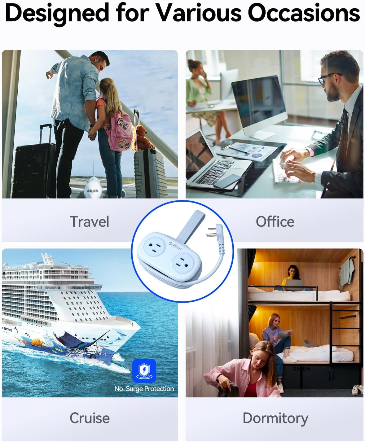 ORICO Blue Travel Power Strip PD20W with 4 AC Outlets 3 USB Ports (1 USB-C), 4FT Flat Plug Extension Cord, Compact Portable Design for Business Travel, Cruise Ship Essentials-AP3