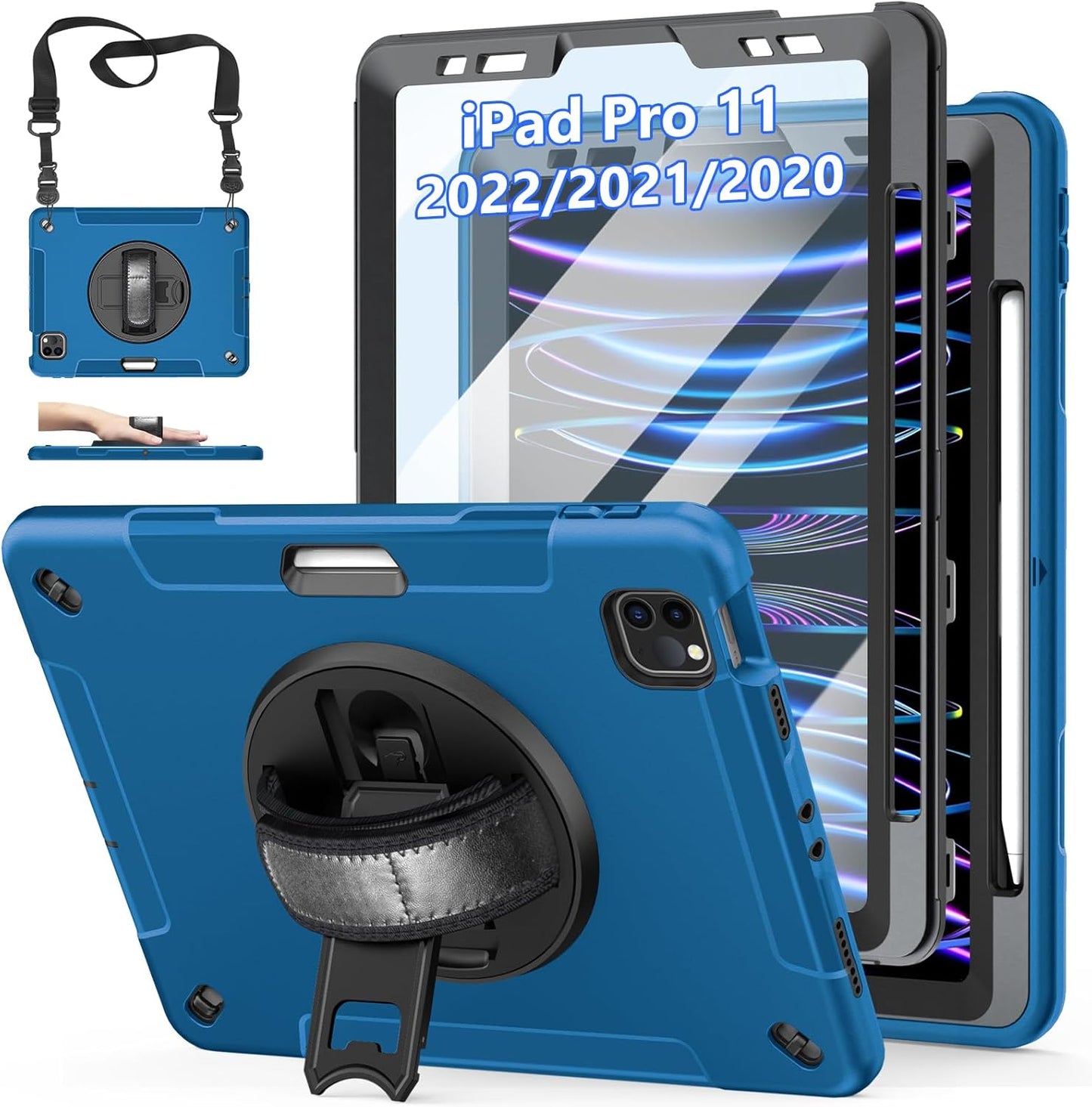 Case for iPad Pro 11 Inch 2022/2021/ 2020/2018: Cover for iPad 11 Inch 4th/ 3rd/ 2nd/ 1st Generation with Screen Protector- Stand- Handle- Shoulder Strap- Pencil Holder Blue