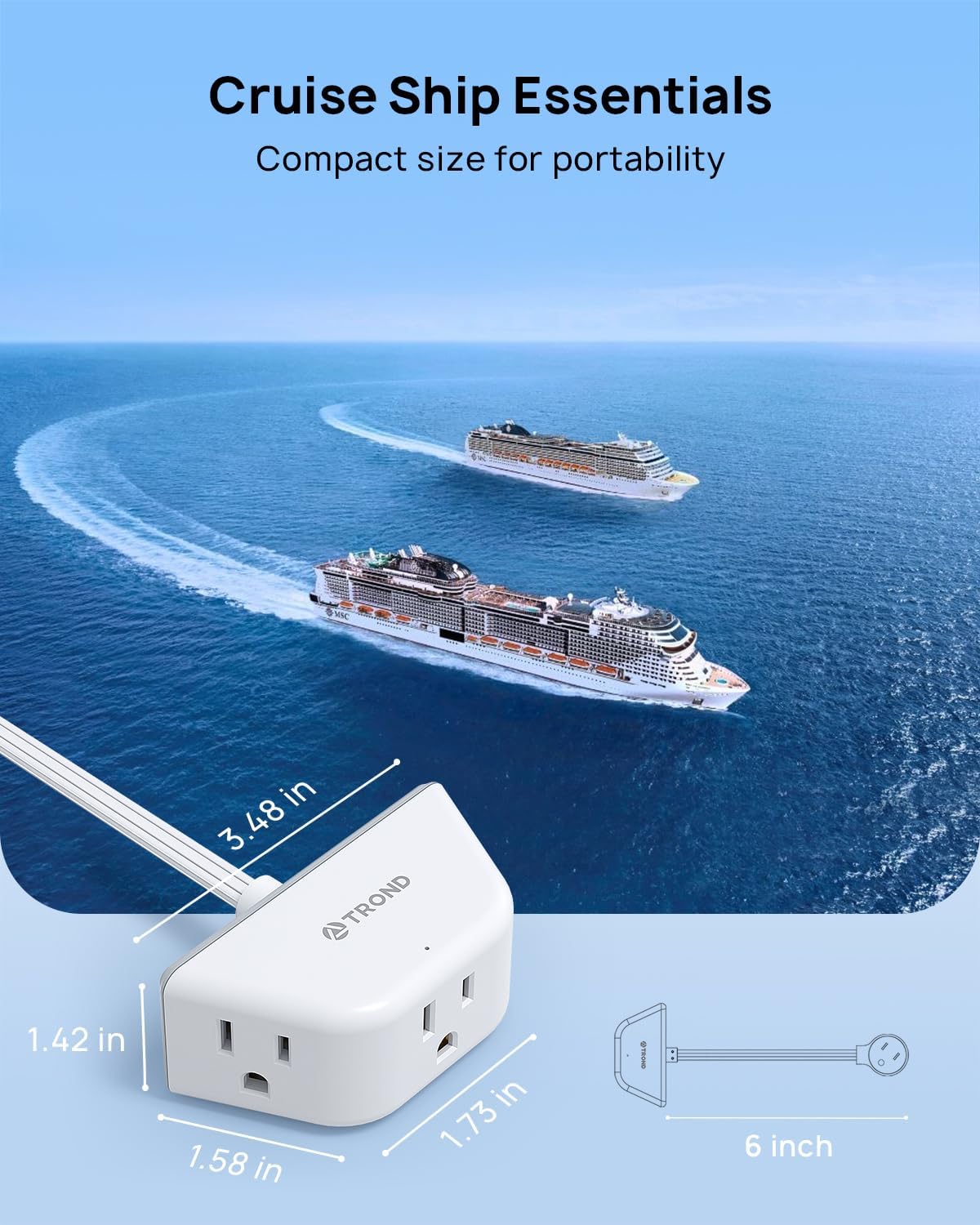TROND Flat Outlet Extender with 6 Inch Cord - 3 Way Angled Plug Extension Outlet Adapter, Cruise Ship Essentials, Small Multiple Plug Splitter for Home Office Travel, White