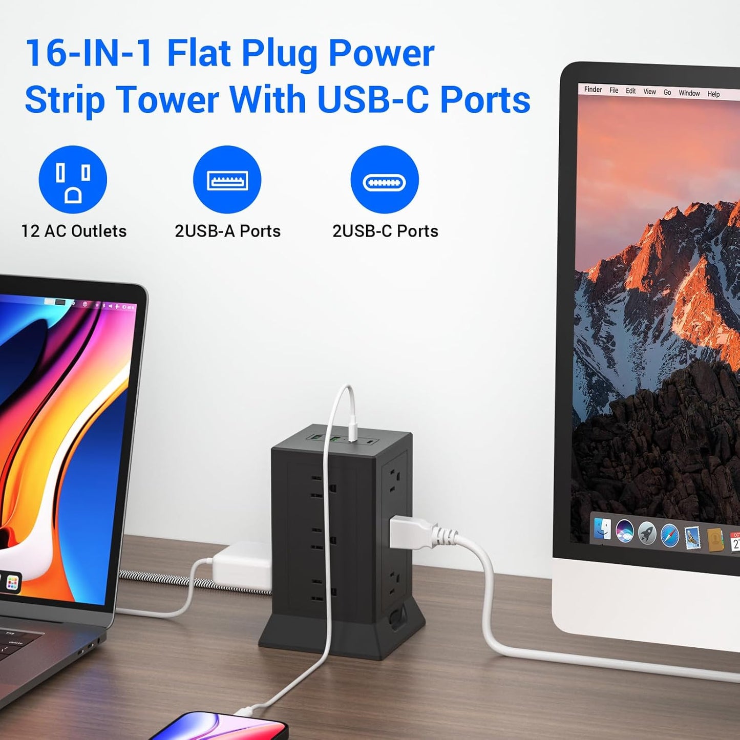 Power Strip Tower with Multiple Outlets, 10 Ft Extension Cord Flat Plug with 12 AC Outlets 4 USB Ports (2 USB C), Power Tower Surge Protector with Individual Switches for Home Office Dorm Room, Black