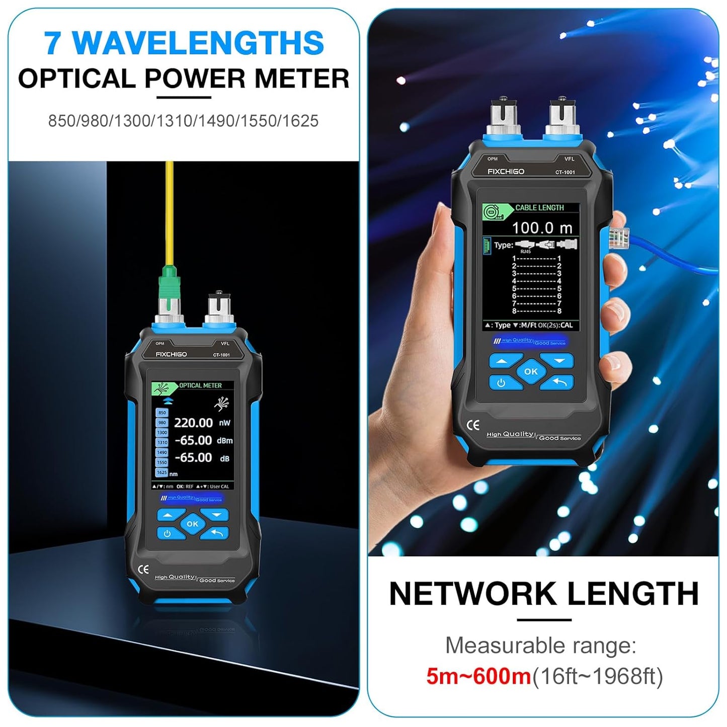 10 in 1 Network Cable Tester with 7 Wavelengths OPM 10Km/10mW VFL 600M Measurable Length 100 Records Tool Kit for CAT5 CAT6 Telephone Ethernet RJ11 RJ45 PoE Wire Tracer NCV, Blue