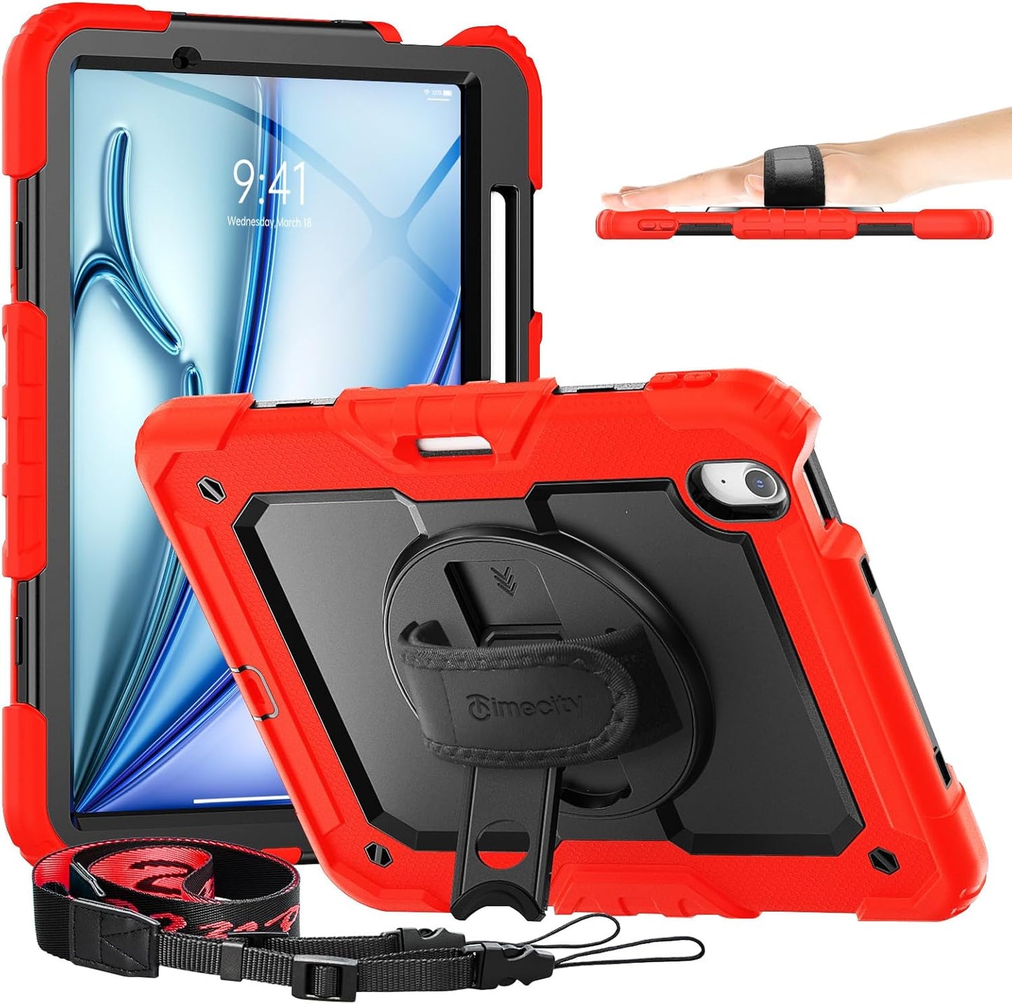 timecity Case for iPad Air 11 Inch M3/ M2 (2025/2024), 360° Rotating Stand, Pencil Holder & Wireless Charging, Shockproof with Screen Protector & Shoulder Strap - for Designers, Red