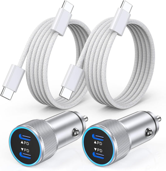 iPhone 16 Car Charger,2Pack Dual Port USB C Fast Car Charger Type C Rapid Charging Adapter with 2Pack USB C to C Nylon Braid Cable Woven Cord Fast Charging for iPhone 16/16 Pro/15/15 Pro Max/iPad
