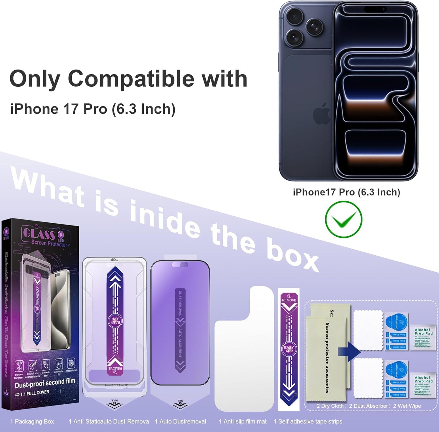 Anti Blue Light Matte Screen Protector for iPhone 17 Pro 6.3-Inch, Auto Dust Removal, 9H Tempered Glass, Full Cover, Anti-Fingerprint, Easy Installation, 2 Pack