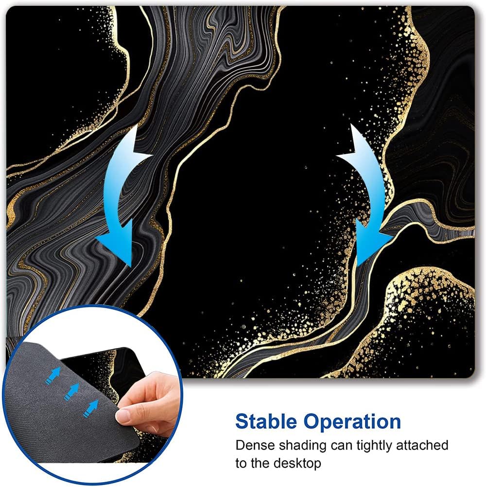 Mouse Pad Marble, Cute Personalized Mouse Pads with Design, Square Washable Cloth Mouse Mat, Gaming Office Home Non-Slip Rubber Base Computer Mousepad, Black Gold Marble
