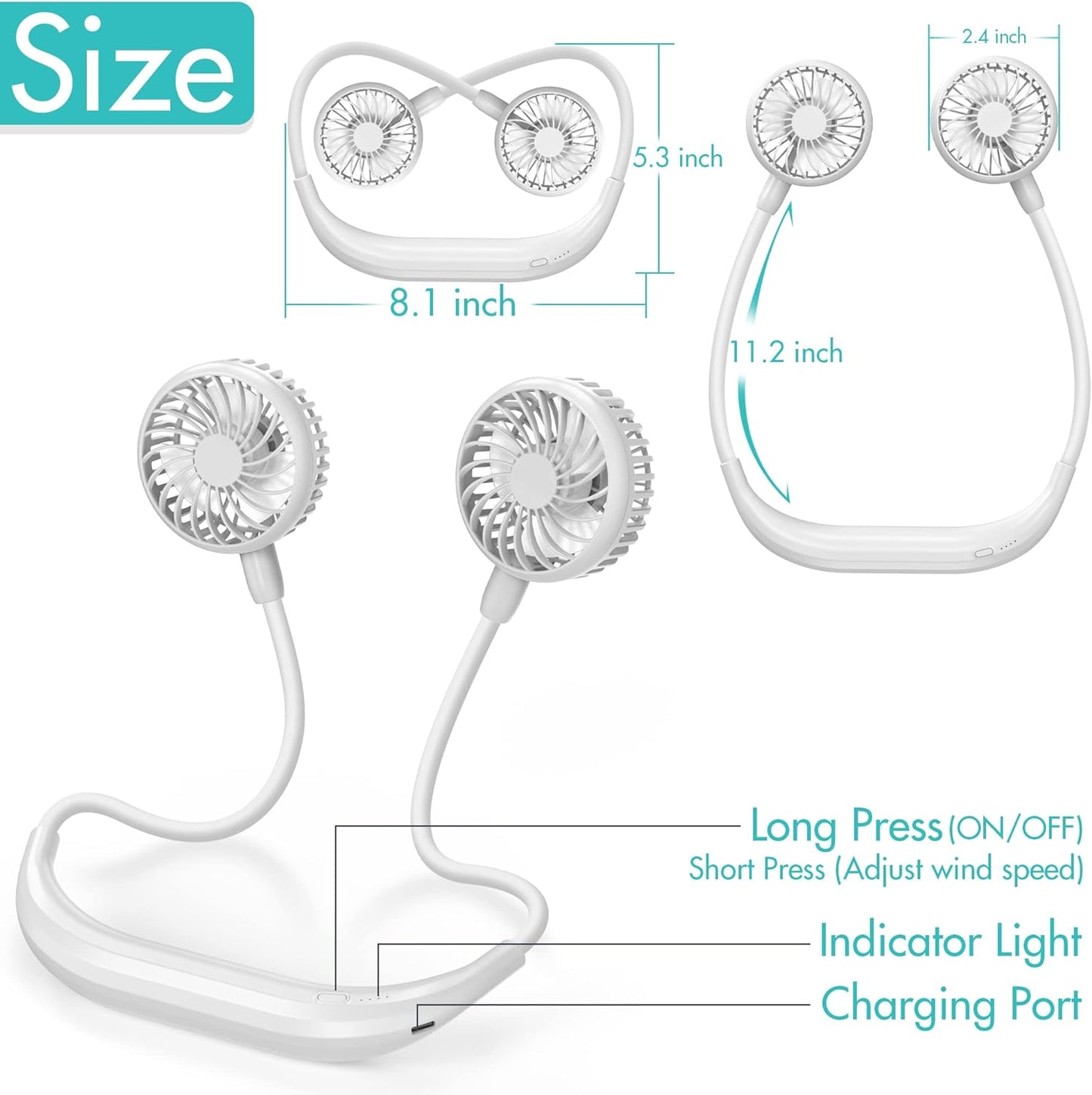 Portable Neck Fan, 2600mAh Battery Operated Ultra Quiet Hands Free USB Fan with 3 Speeds, Strong Wind, 360° Adjustable High Flexibility Wearable Personal Fan for Home Office Outdoor Travel (White)