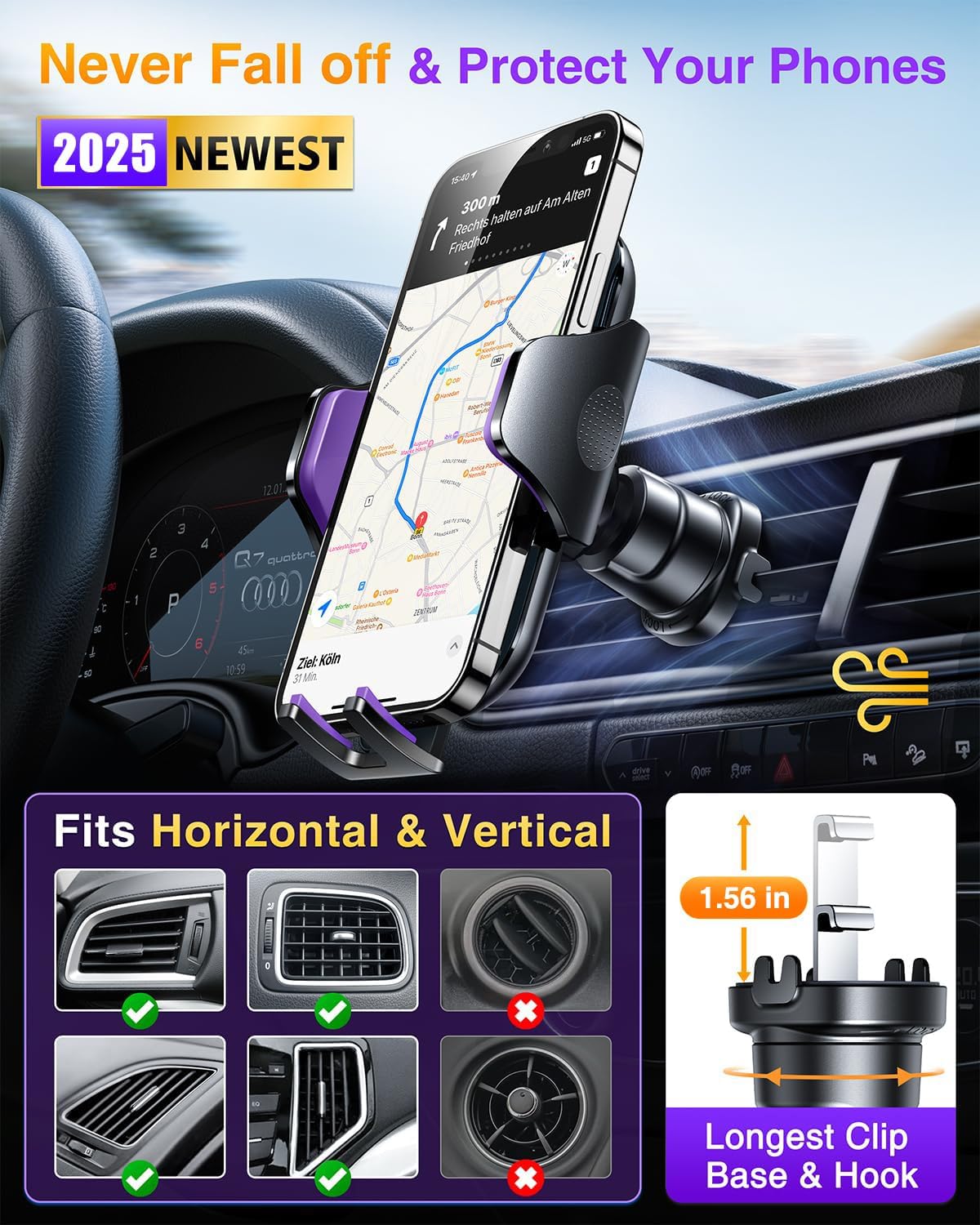 VANMASS Car Phone Holder Mount 2025 Upgraded [Patent Steel-Hook] Car Vent Phone Mount Clip Military-Grade Shockproof Cell Phone Car Mount Handsfree Truck Stand Vent Cradle for iPhone 16 Android,Purple