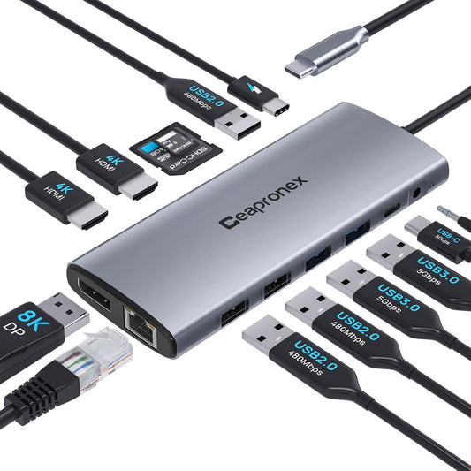 USB C Docking Station UBS C Hub for Laptop Dual Monitors 14 in 1 Multiport Dongle Dock with 2* HDMI +DP+USB C/A 100w PD+Ethernet+Data Transfer for MacBook/HP/Dell/Lenovo Thinkpad/iPad/Mac