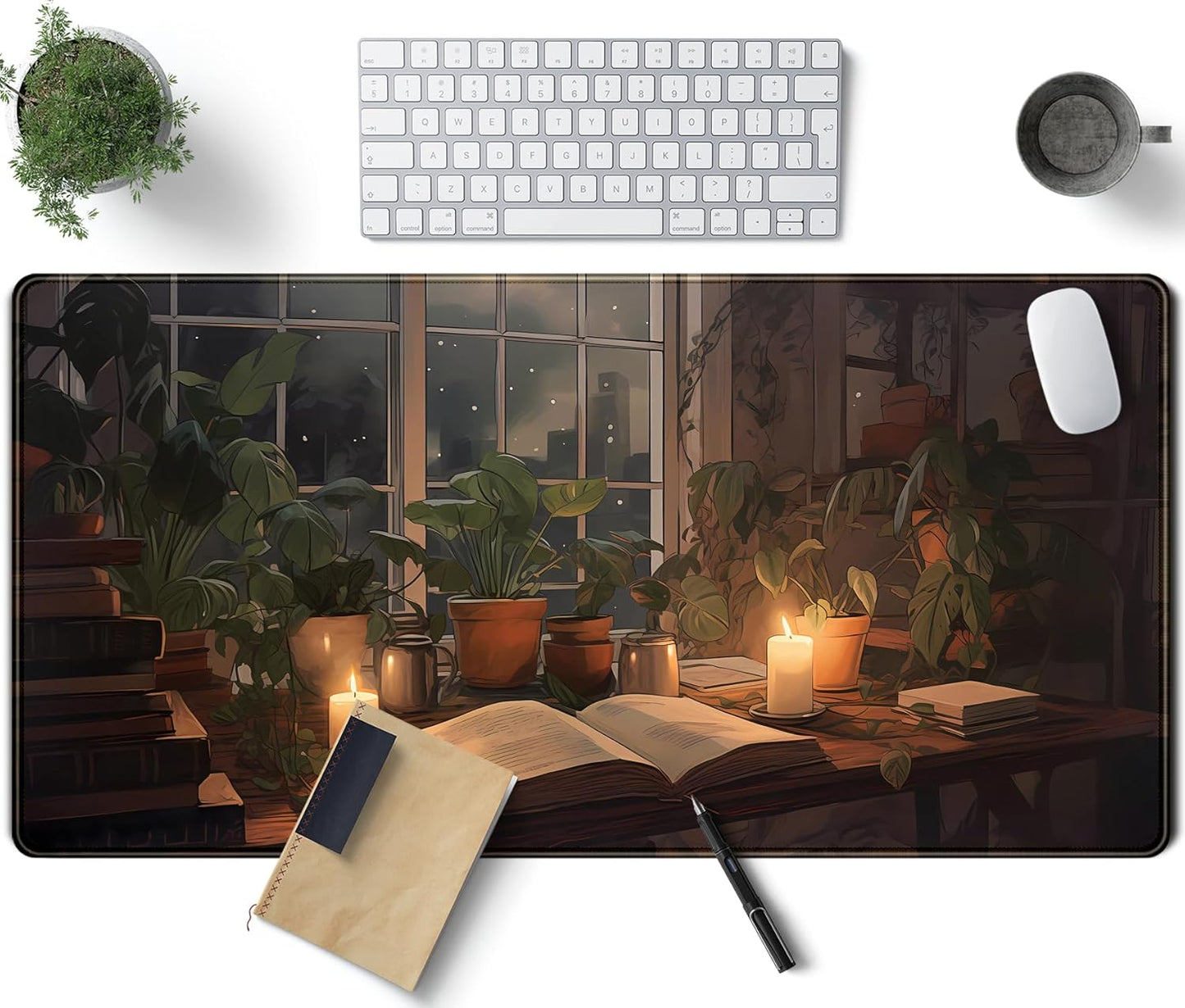 Cute Book Lover Desk Mat Dark Academia Mouse pad XXL Large Extended Mousepad Gaming Desk Pad with Stitched Edges, Cozy Lofi Deskmat Laptop Computer Keyboard and Mouse Mat Decor Pad, 31.5x15.7 in