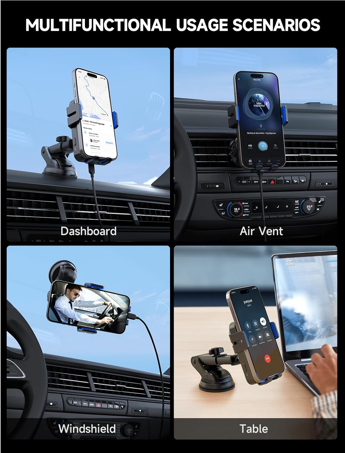 MOKPR Wireless Car Charger, 15W Auto Clamping Car Charger Dash Windshield Air Vent Phone Holder Compatible with iPhone 16 15 14/13/13 Pro/12 pro/12/11/X/8, Samsung S24/S23/S22, Blue