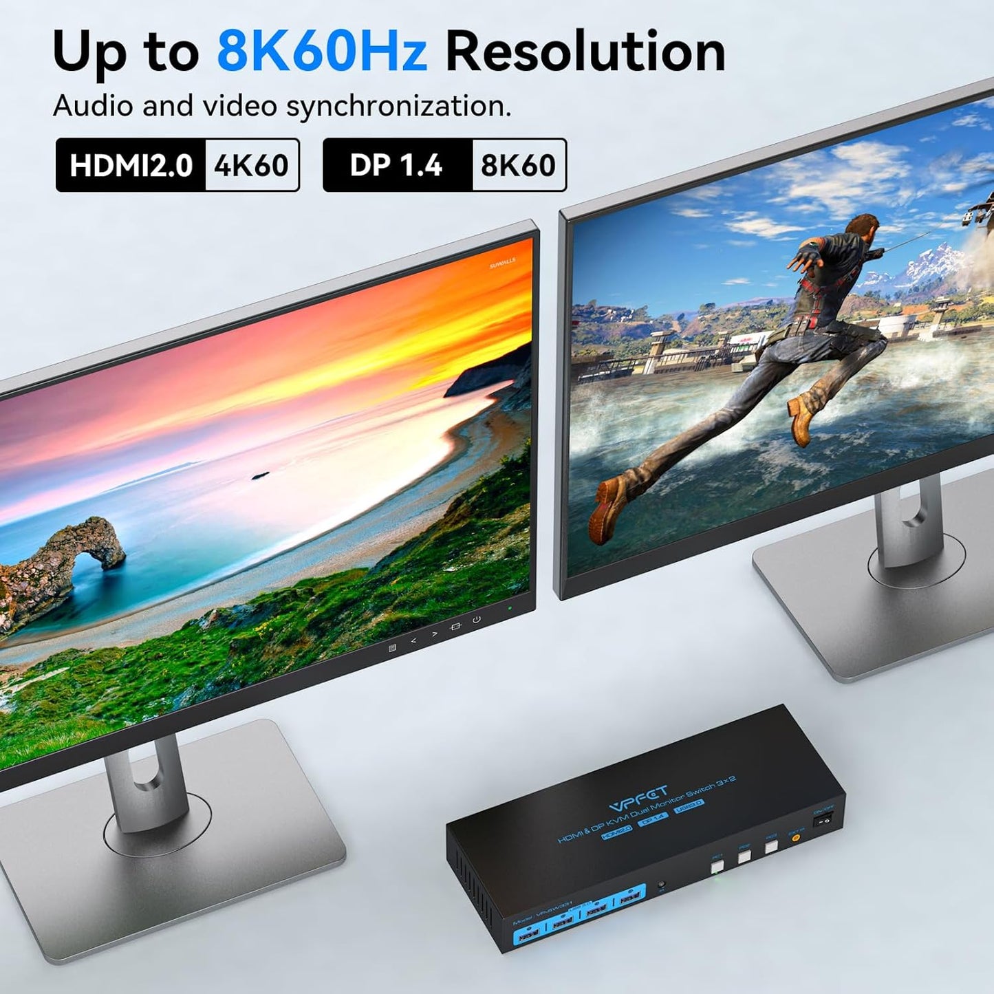 HDMI2.0+ Displayport1.4 KVM Switch 2 Monitors 3 Computers USB 3.0 KVM 8K & 4K Swicthes for 3 Computer Share Dual Monitor and 1 Set of Keyboard Mouse Printer and U Disk. Two USB Cables Included.