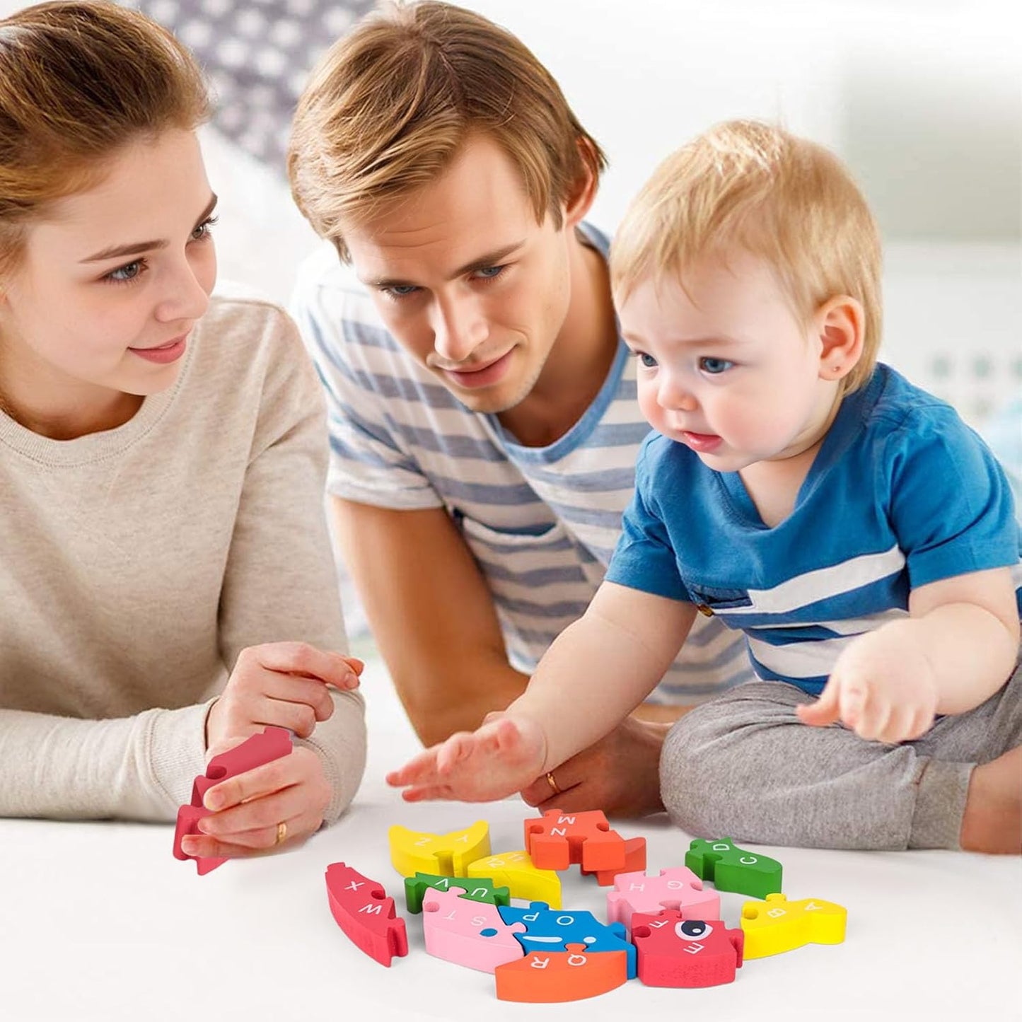 LovesTown Wooden Puzzle for Toddlers, Educational Alphabet and Number Jigsaw, Building Blocks for Preschool Learning, Dolphin Theme, 26 PCS