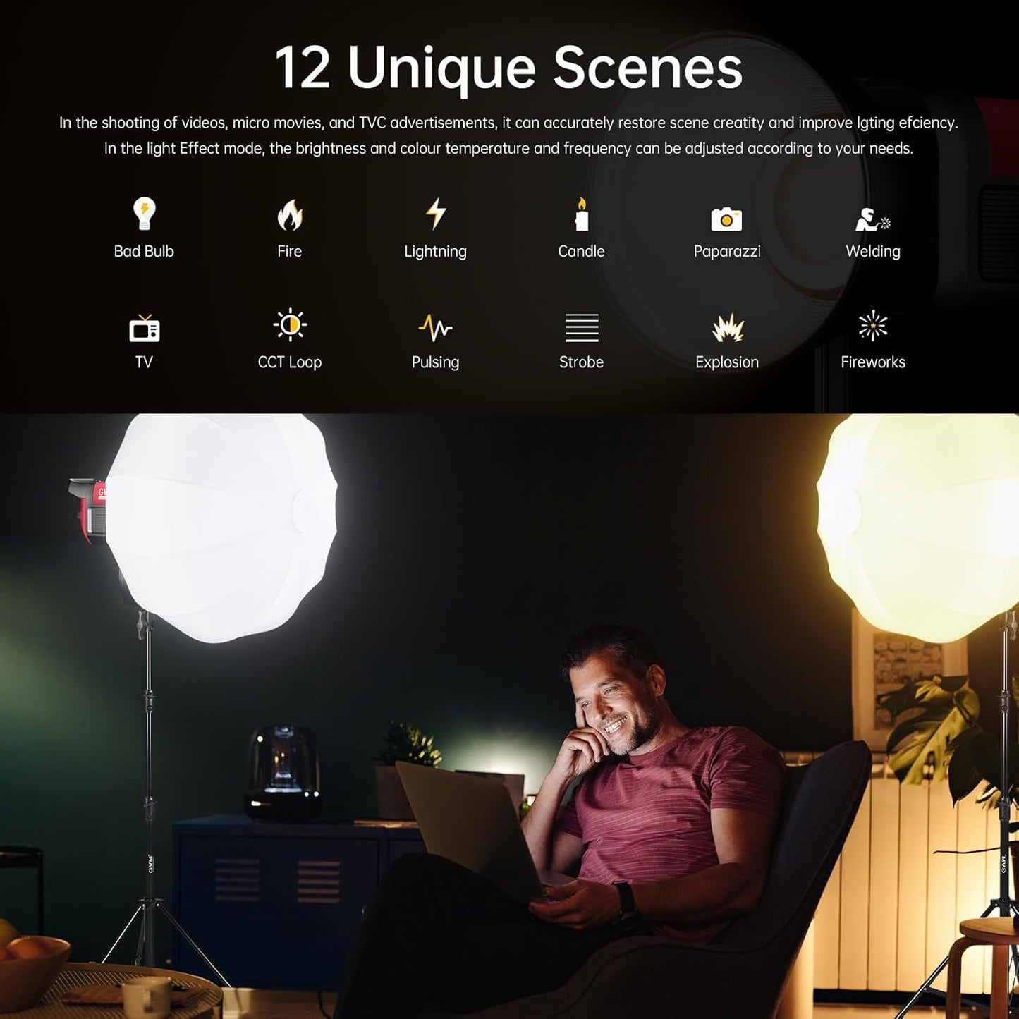 GVM 300W Photography Lighting Bi-Color Video Light with Bowens Mount Lantern Softbox and Stand CRI 97+ CCT 2700K~6800K 12 Lighting Scenes App Control Studio Lights for Photography