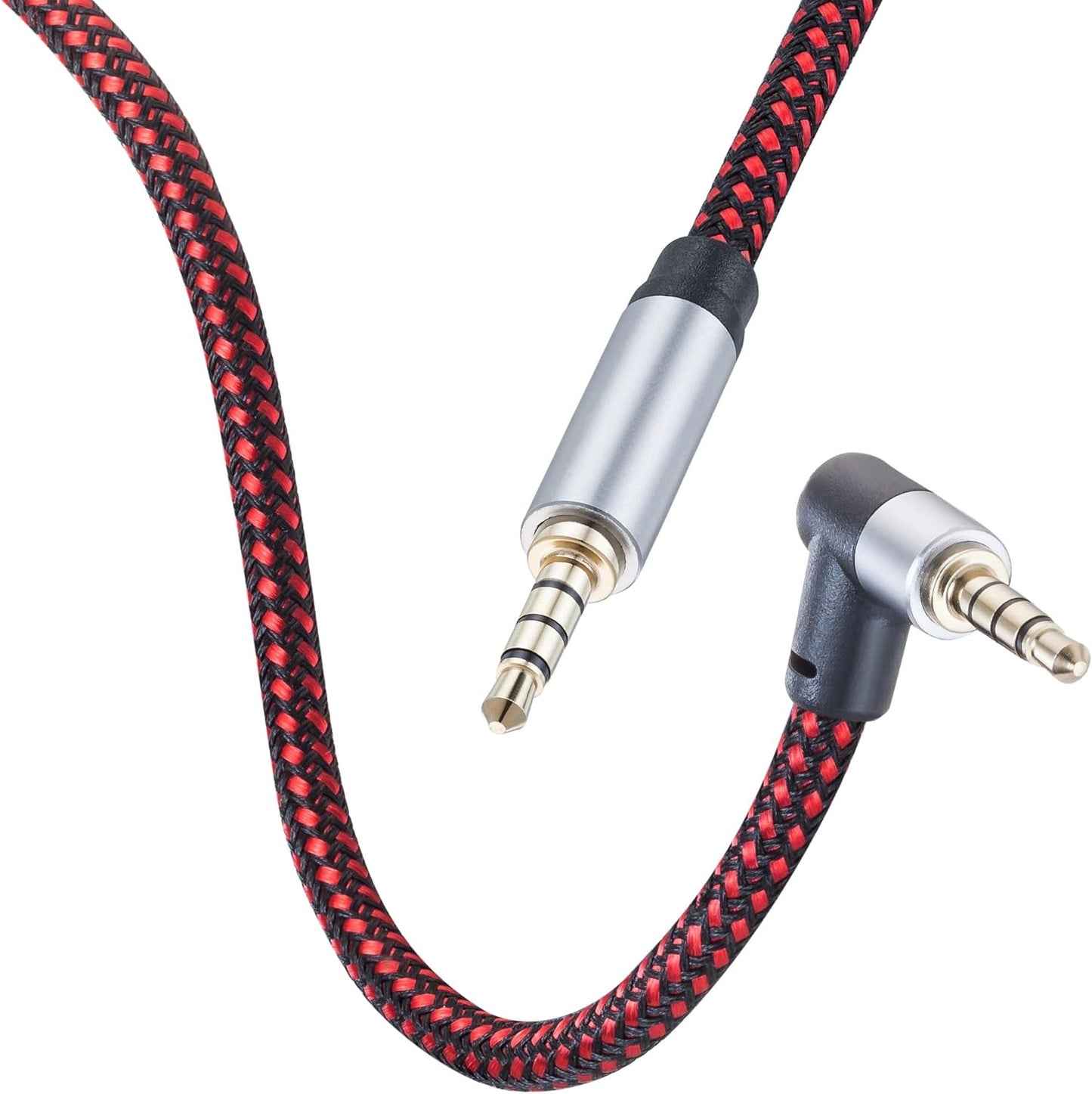Male to Male Audio Cable 3Ft, 90 Degree TRRS 3.5mm 4 Pole Nylon Braided Stereo Aux Cable for Headphones, PS4, Phone, Tablets, Headset, PC, Laptop and More (3Ft)