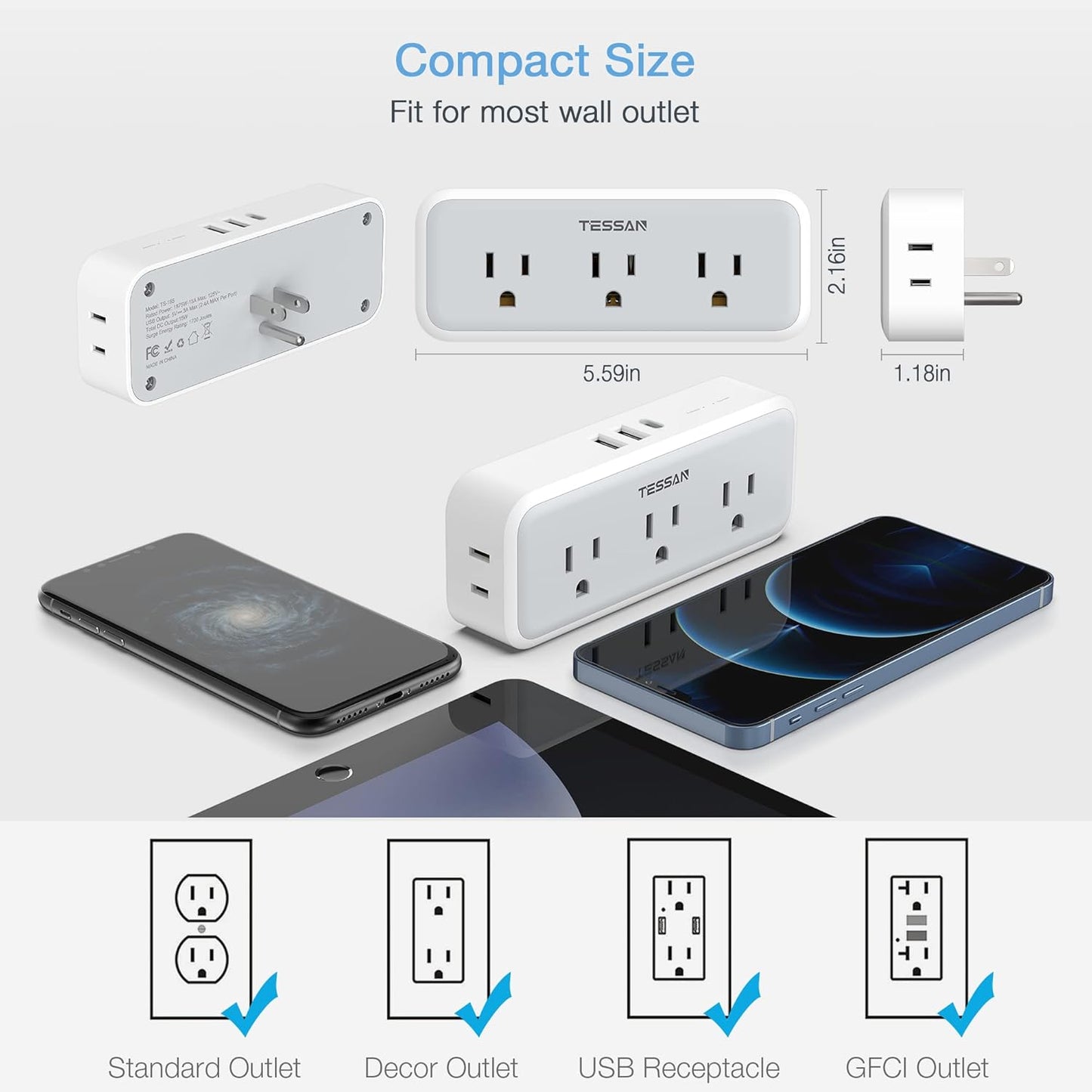 Multi Plug Outlet Extender, USB C Wall Charger, TESSAN Wall Plug Splitter with 5 Outlets and 3 USB, Electrical Power Expander with Surge Protector Spaced for Home Office Dorm Room