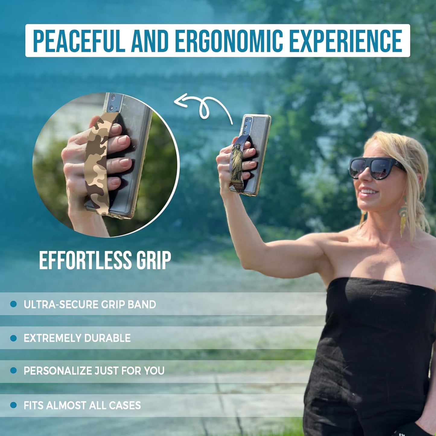 Phone Grip Strap - Pack of 2 Reversible Finger Holder for Phone Back, Customizable Anti-Slip Design, Wireless Charging Compatible Detachable Holder for iPhone - Blue & Cobalt Blue