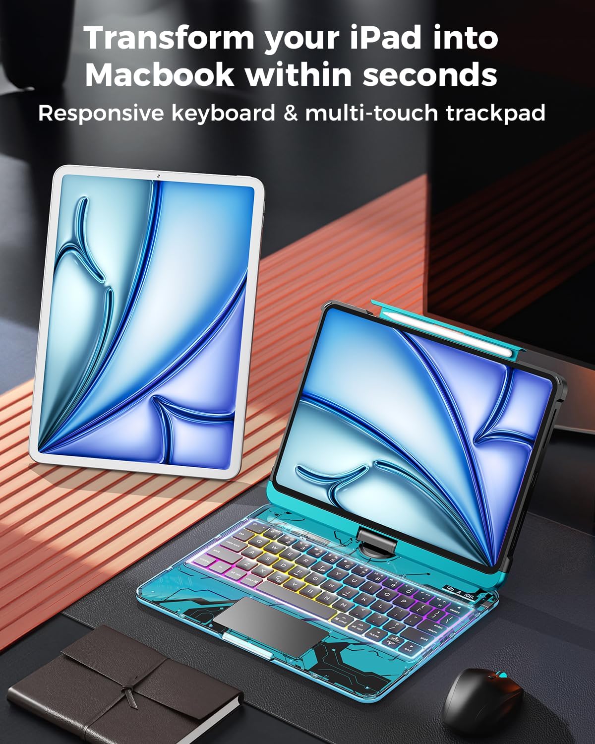 SIEBITU Clear Wireless Keyboard Case for iPad Air 11-inch (M3 2025/M2 2024) & iPad Pro 11-inch 4th 3rd 2nd 1st Gen, 7-Color Backlit with Multi-Touch Trackpad for 10.9" iPad Air 4th/5th Gen, Blue