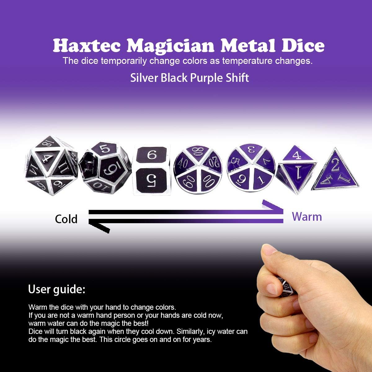 Haxtec Color Changing ByTemperature Metal DND Dice Set Polyhedral D&D Dice Compatible with Dungeons and Dragons RPG-Silver Black Purple Shift