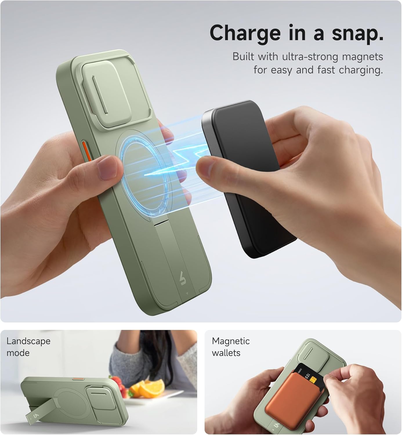 SURITCH for iPhone 13 Pro Case with Magnetic Camera Slide Cover and Adjustable Kickstand, Compatible with MagSafe, Shockproof Bumper Case Slim Protective Cover for iPhone 13 Pro 6.1 Inch, Green