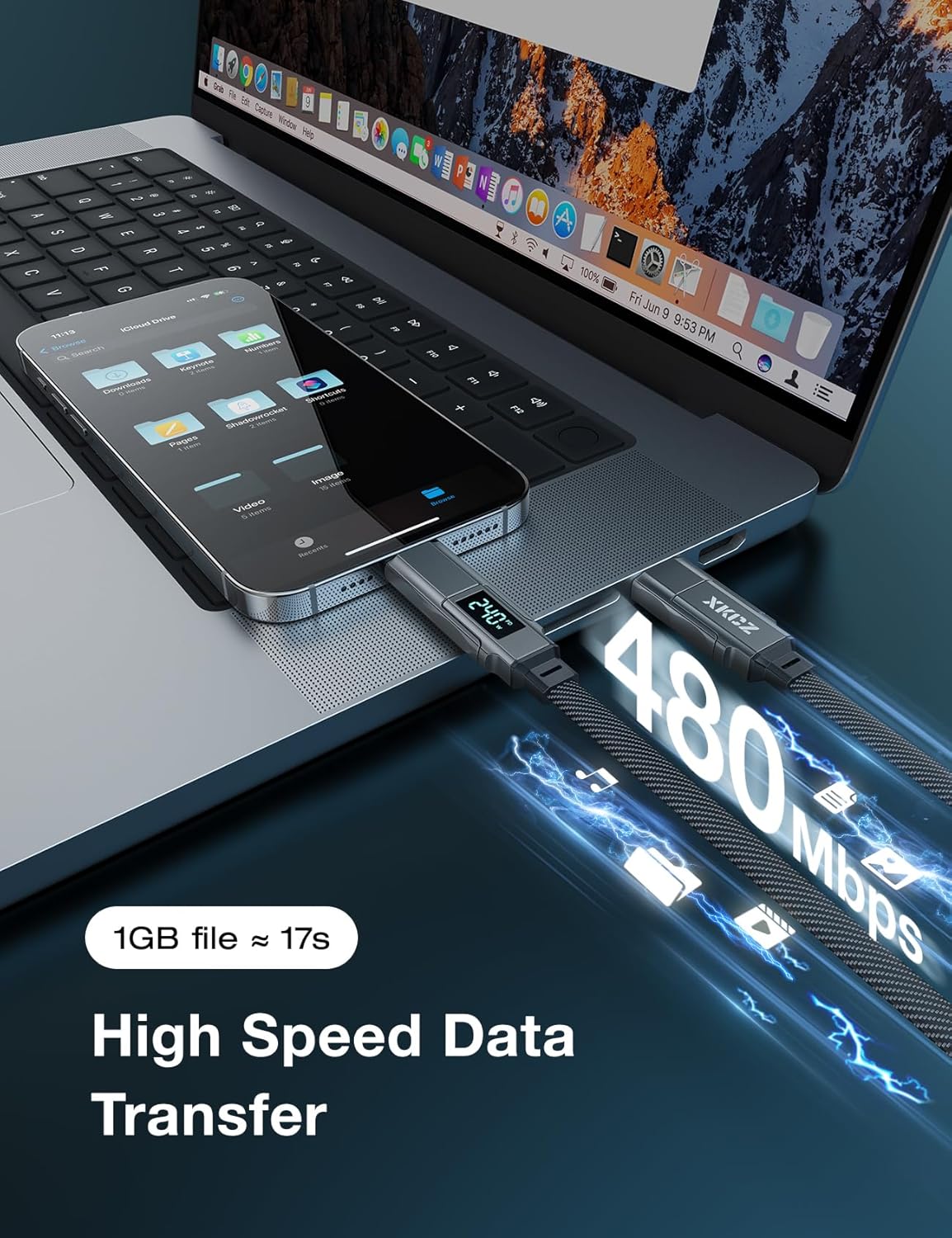 4 in 1 USB C Cable with Wattage Display, 240W Flat Nylon Braided Multi Charge Cable with Data Sync, USB C Charging Cord Combo Type C/USB A/L Port for iPhone/iPad/Samsung/Laptop, 5FT