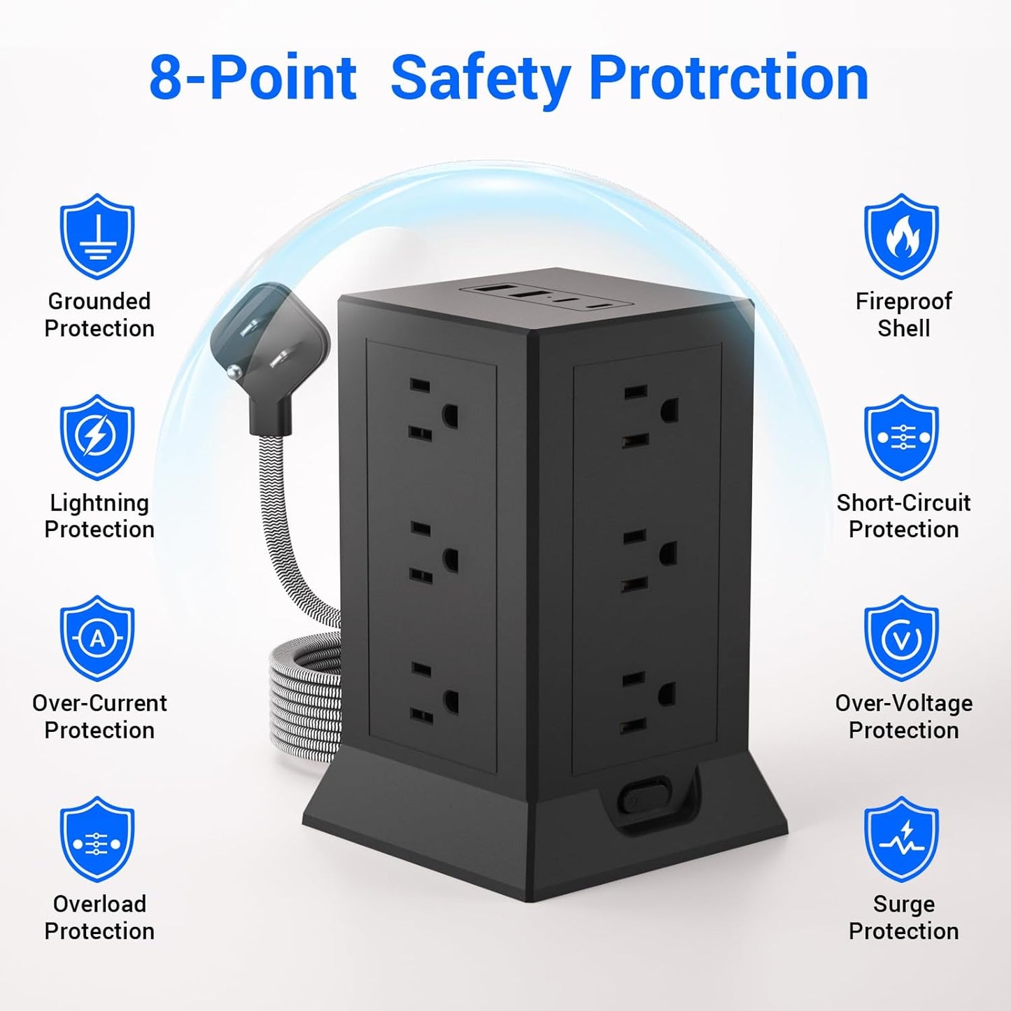 Power Strip Tower with Multiple Outlets, 10 Ft Extension Cord Flat Plug with 12 AC Outlets 4 USB Ports (2 USB C), Power Tower Surge Protector with Individual Switches for Home Office Dorm Room, Black