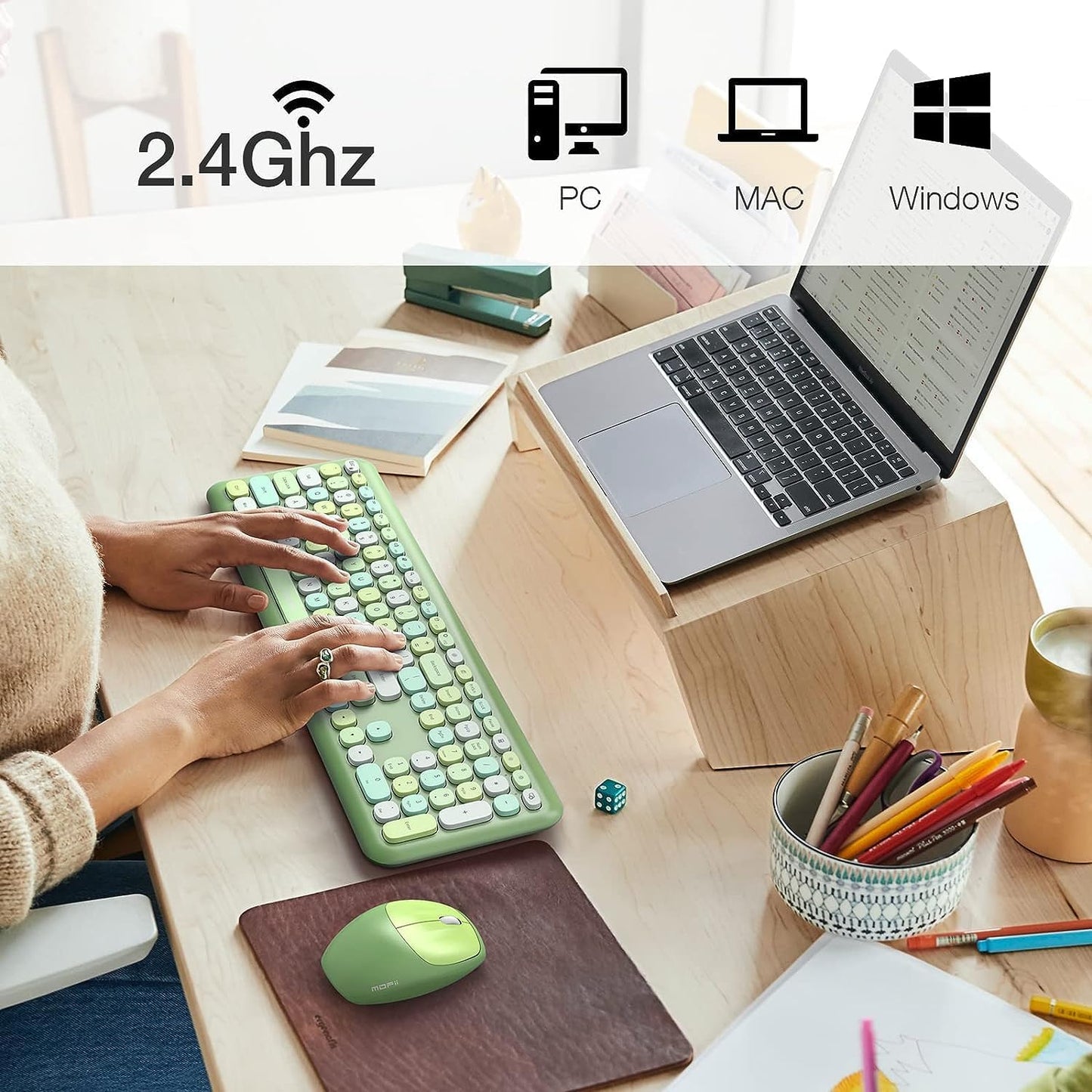 KNOWSQT Wireless Keyboard and Mouse Combo, Pale Green Full-Sized 2.4G Silent Keycap Colorful Keyboards, USB Dongle Plug Play, for Laptop, Windows, PC, Computer, Desktop