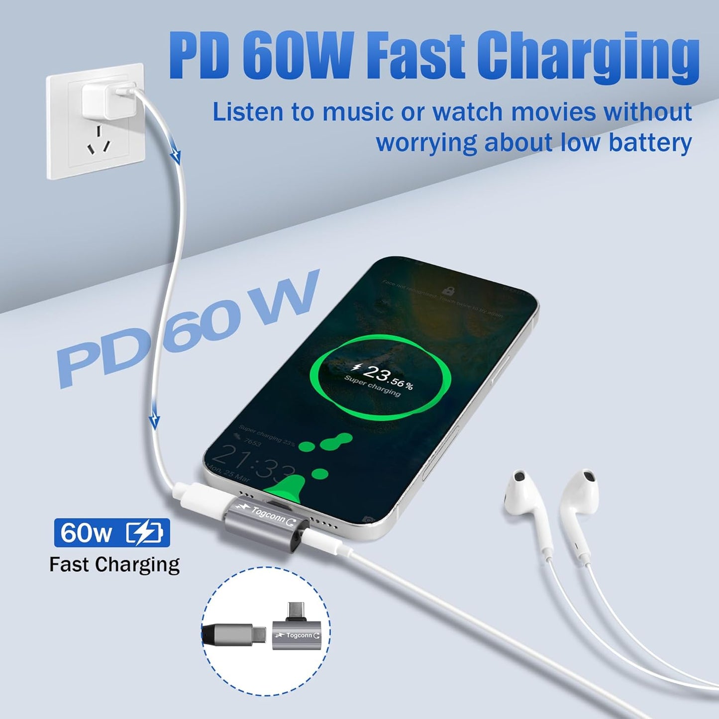 USB C to 3.5mm Aux Headphone and Charger Adapter Splitter, 2 in 1 USB Type C Male to Aux Audio Jack with PD 60W Fast Charge Port for iPhone 15 Pro Max, Galaxy S24/23 Ultra, iPad Pro, Pixel 8