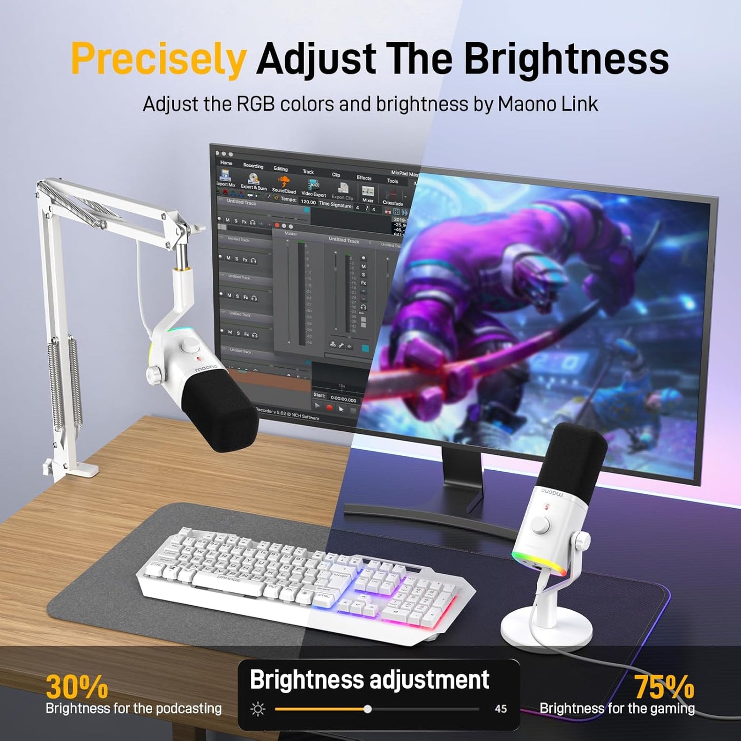 MAONO Dynamic Gaming Microphone: USB XLR Dynamic Computer Microphone with Software-RGB PC Mic for Gamer-Podcast Mic for Streaming Recording Studio YouTube Content Creation Online Chat PD100X (White)