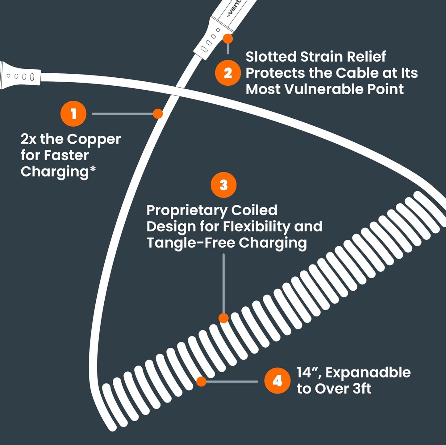 Ventev - Helix 3ft Expandable iPhone Cable | Fast Charging USB C to Apple Lightning Cable | Compatible with iPhone 14/13/12/11 | Coiled MFi Certified iPhone Charger Cord - Gray
