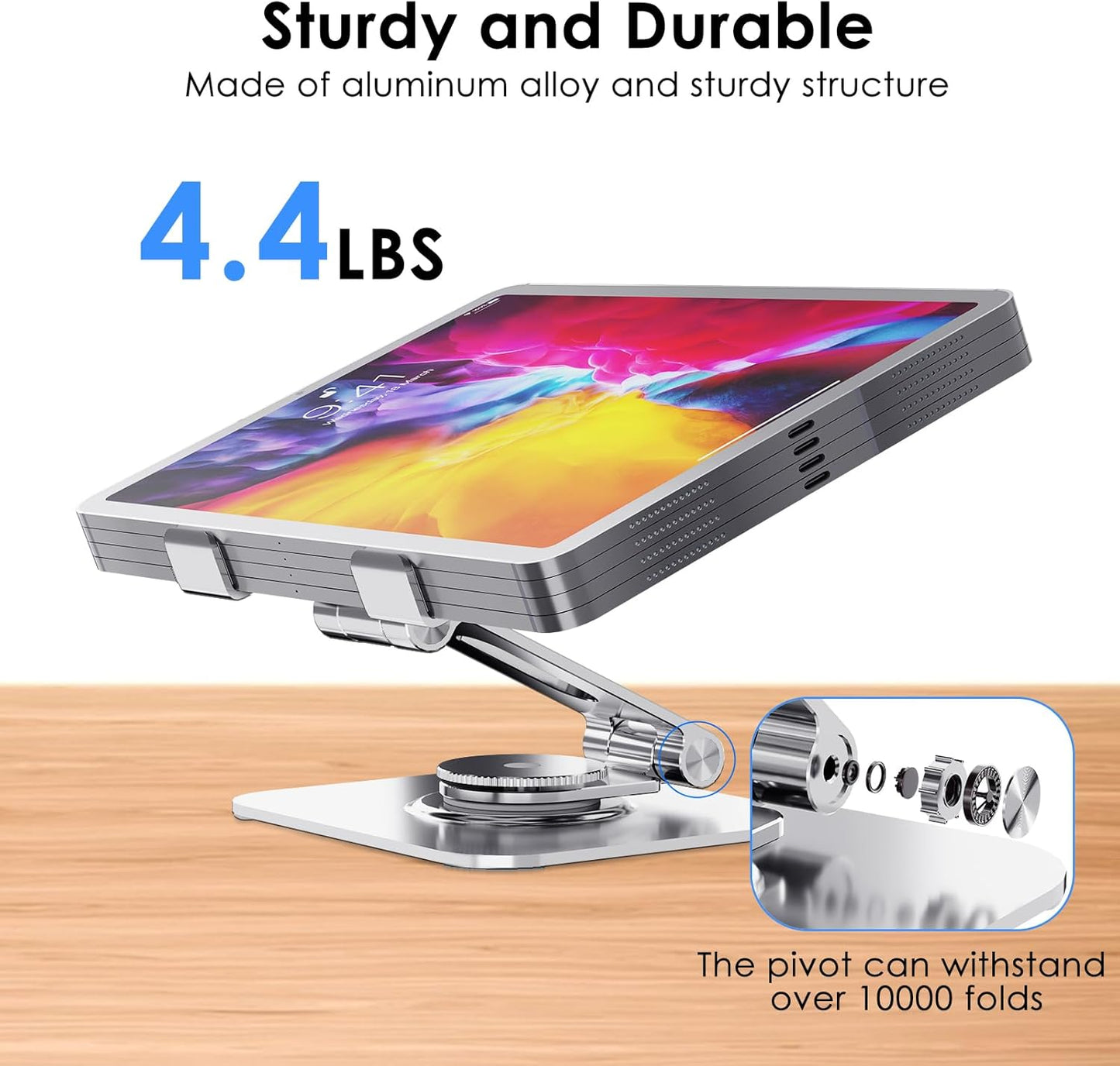 Tablet Stand for Desk, 360° Swivel for iPad Holder, Aluminum Adjustable Tablet Holder, Compatible for iPad Pro Air Mini Surface Pro Samsung Galaxy Tabs Kindle, 4-12.9 inch, Silver